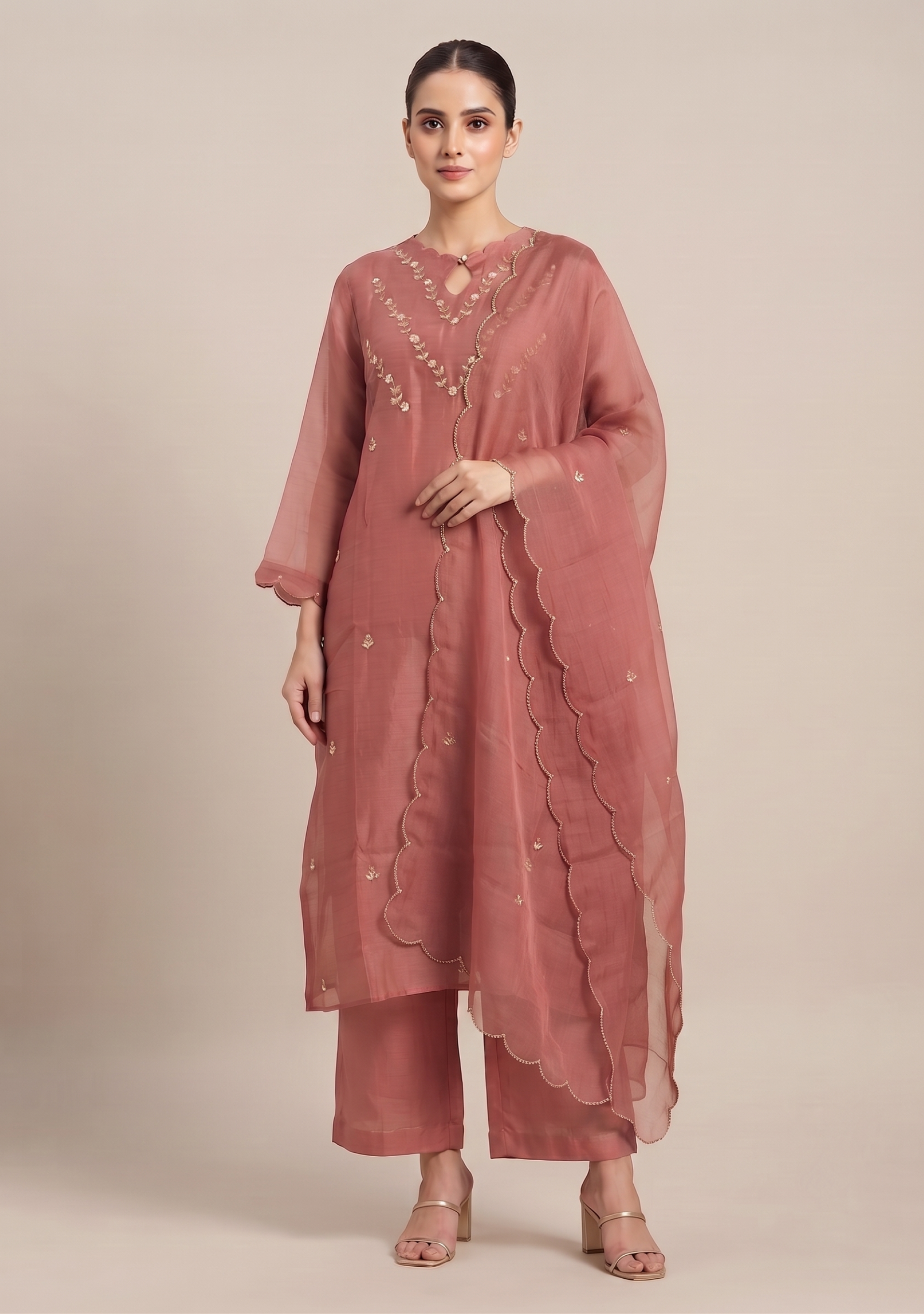 Terracotta Chanderi Handcrafted 3pc Suit Set