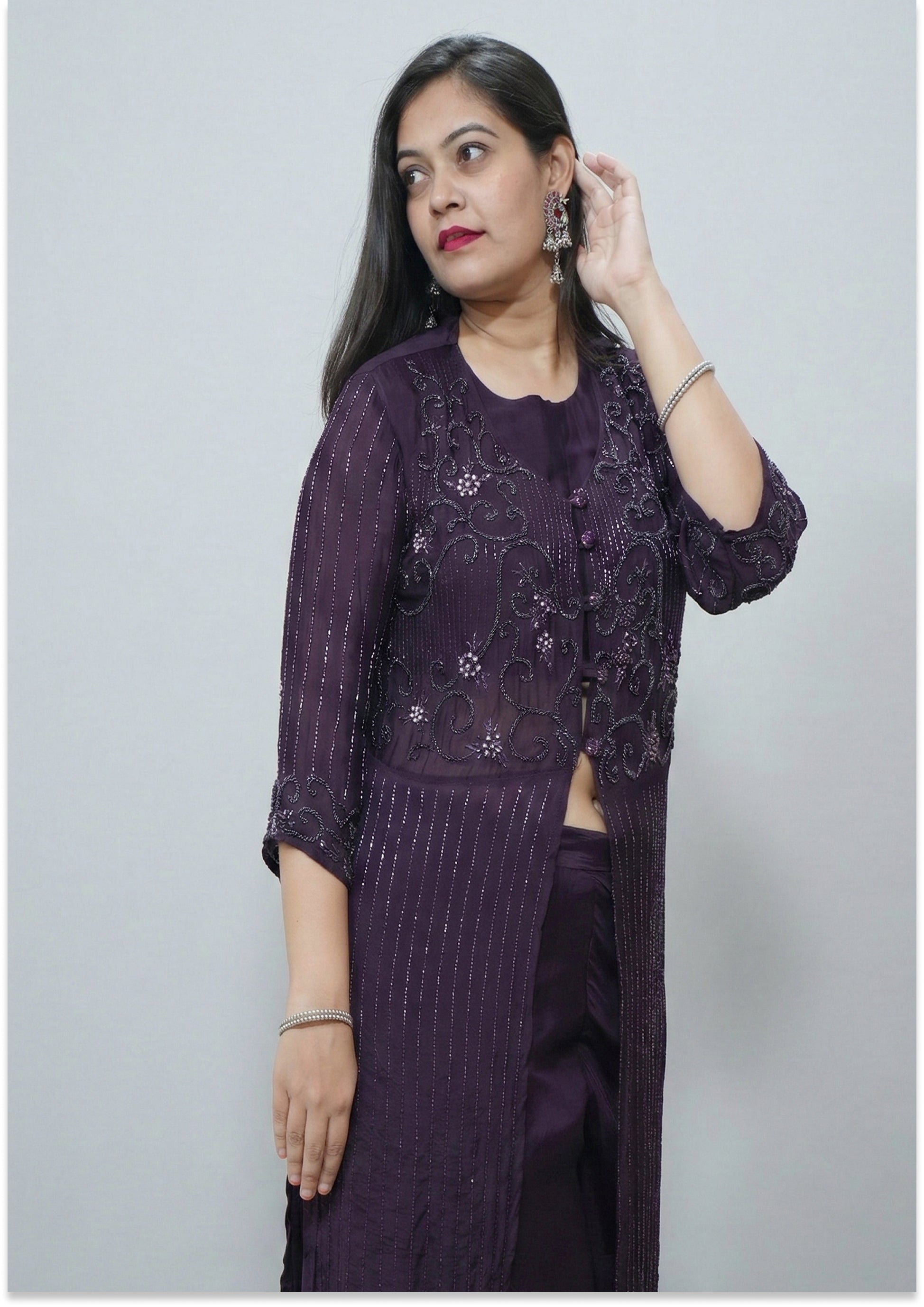 Wine Handcrafted Indo-Western Kurta Set with Long Jacket