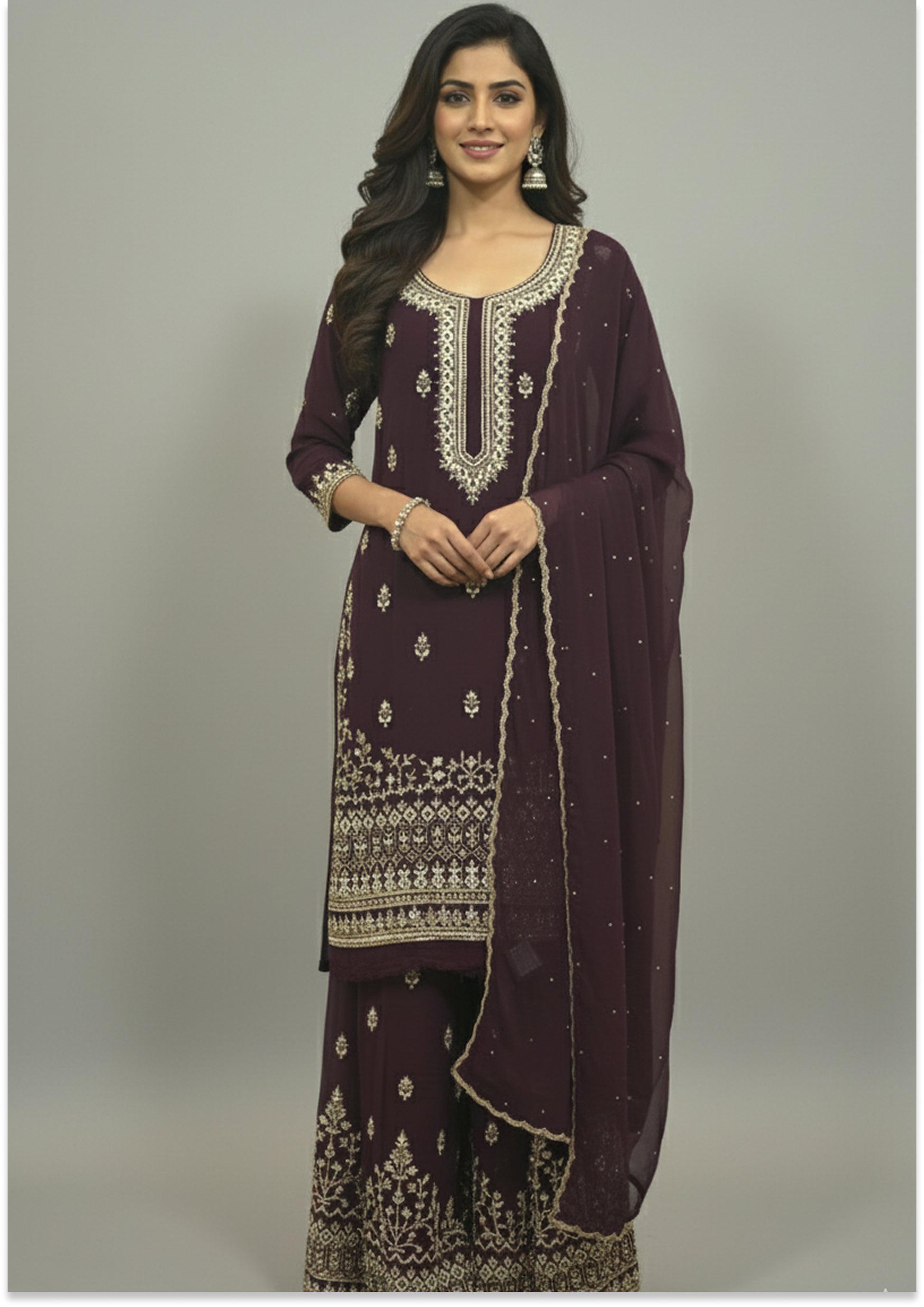 Wine Handcrafted Suit Material with Stitched Gharara