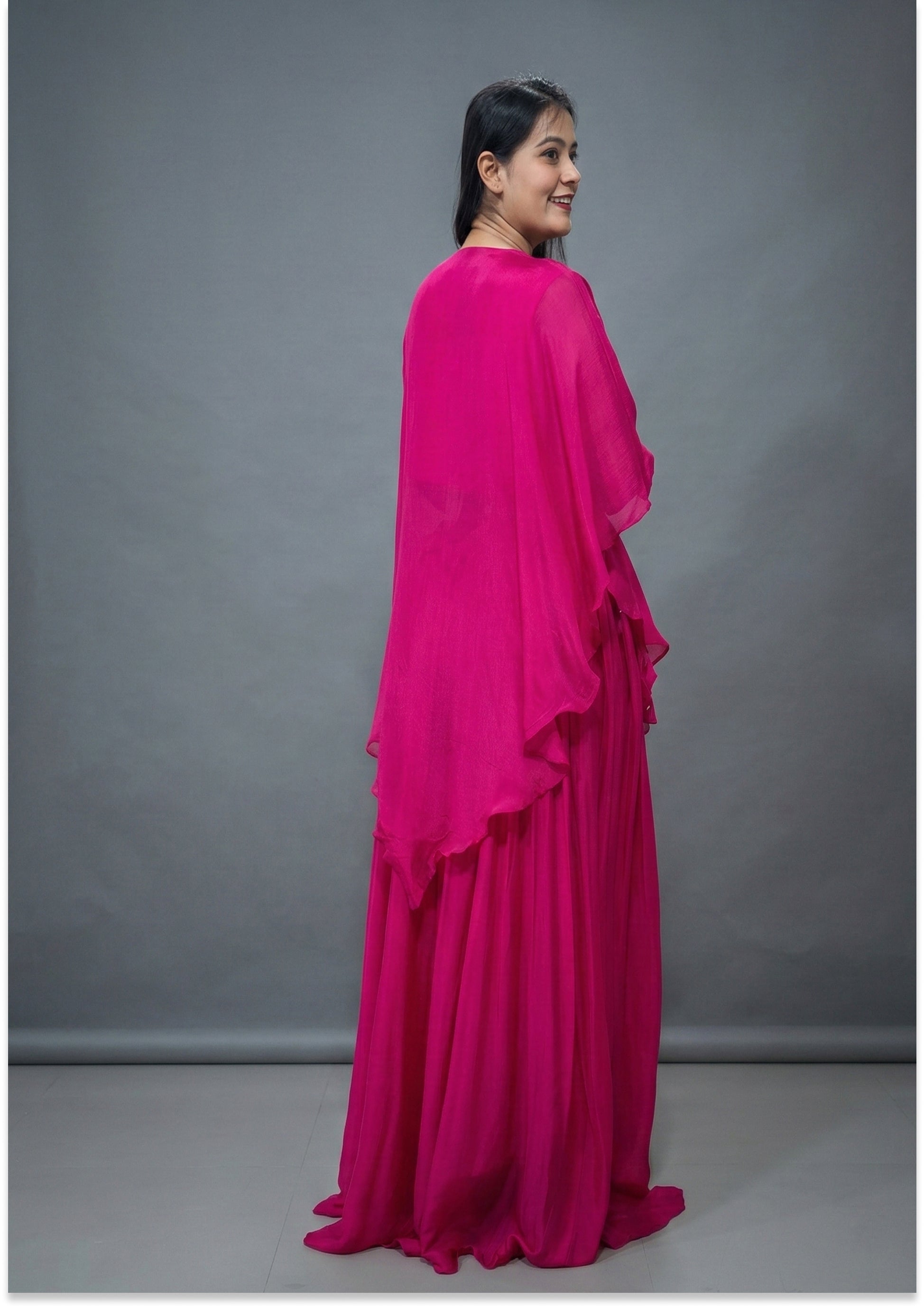Magenta Handcrafted Lehenga with Cape