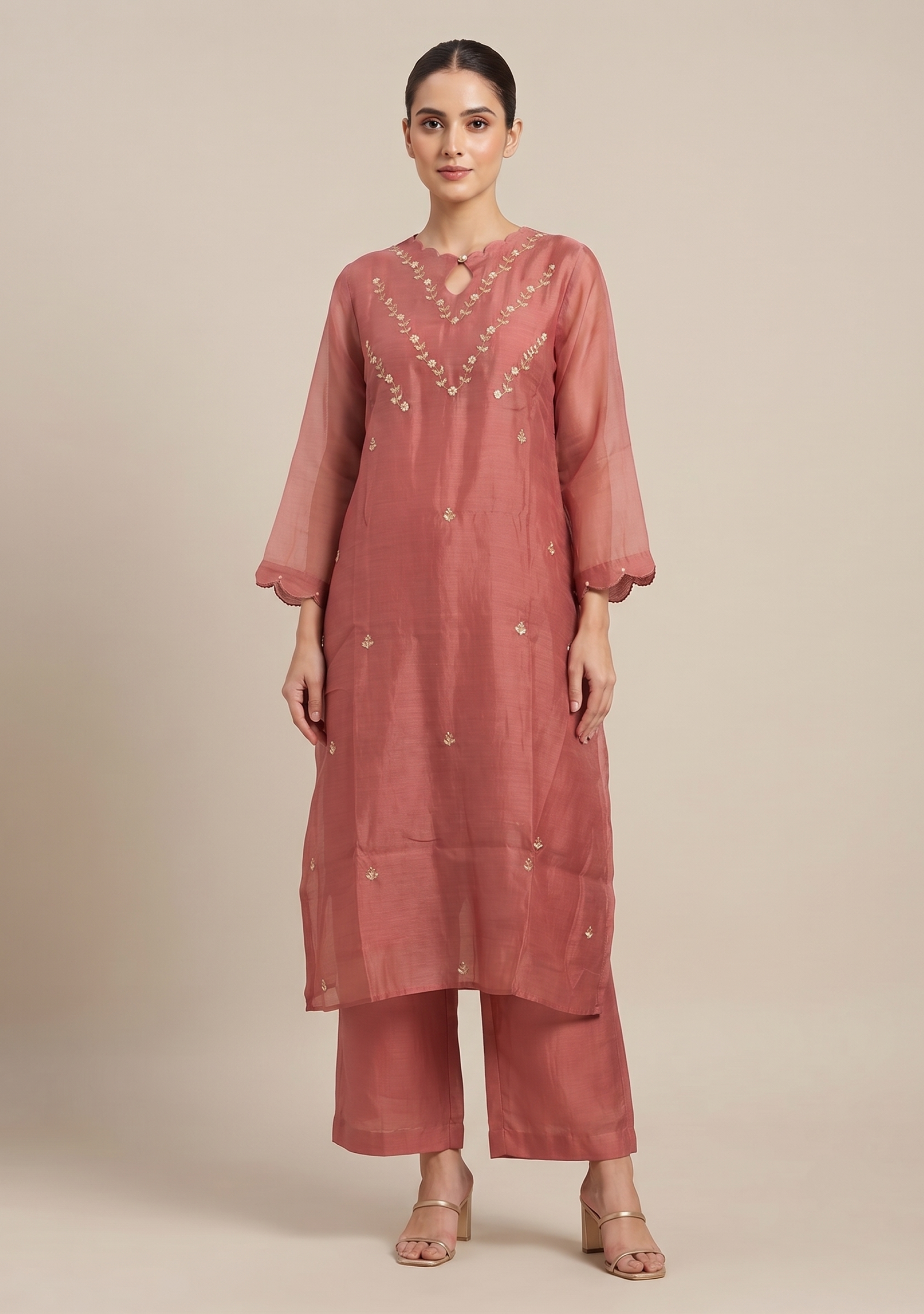 Terracotta Chanderi Handcrafted 3pc Suit Set