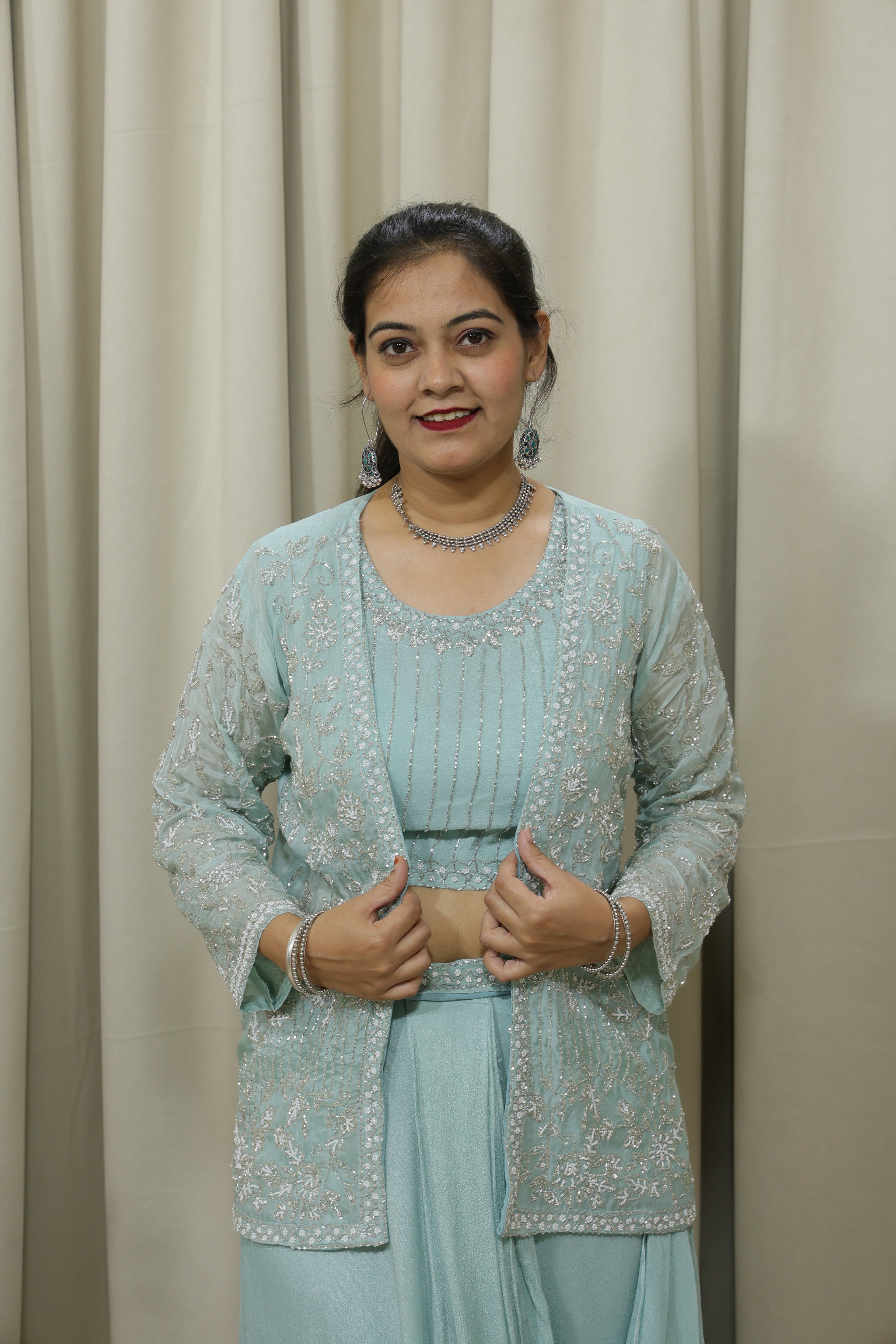 Aqua Green Handcrafted Indo-Western Lehenga with Jacket