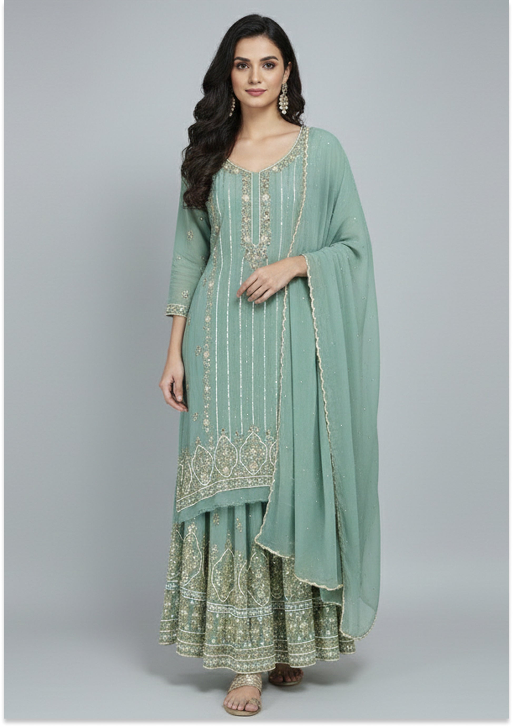 Teel Green Handcrafted Suit Material with Stitched Gharara