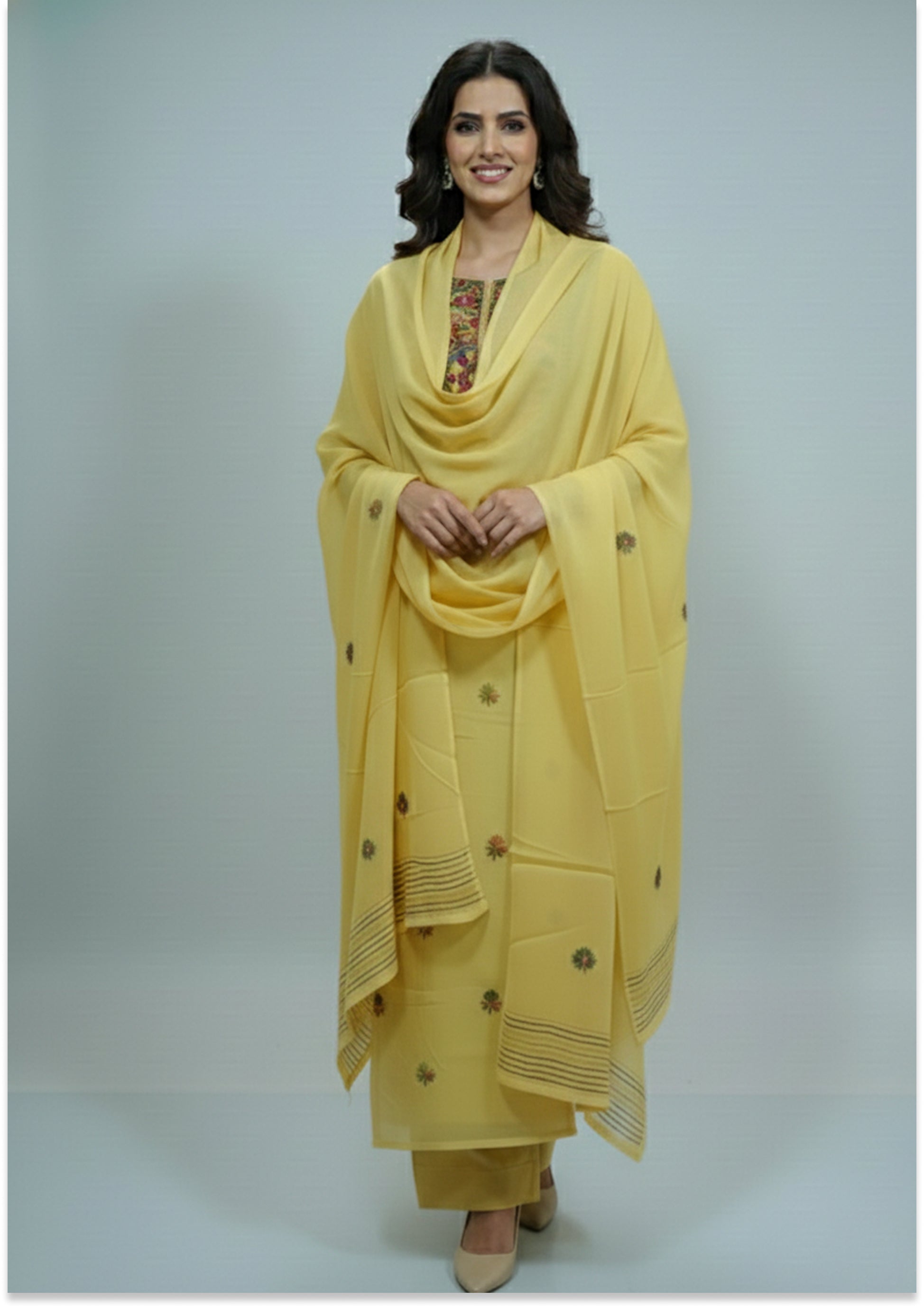 Light Golden Yellow Pure Organza Knot work Unstitched suit Material