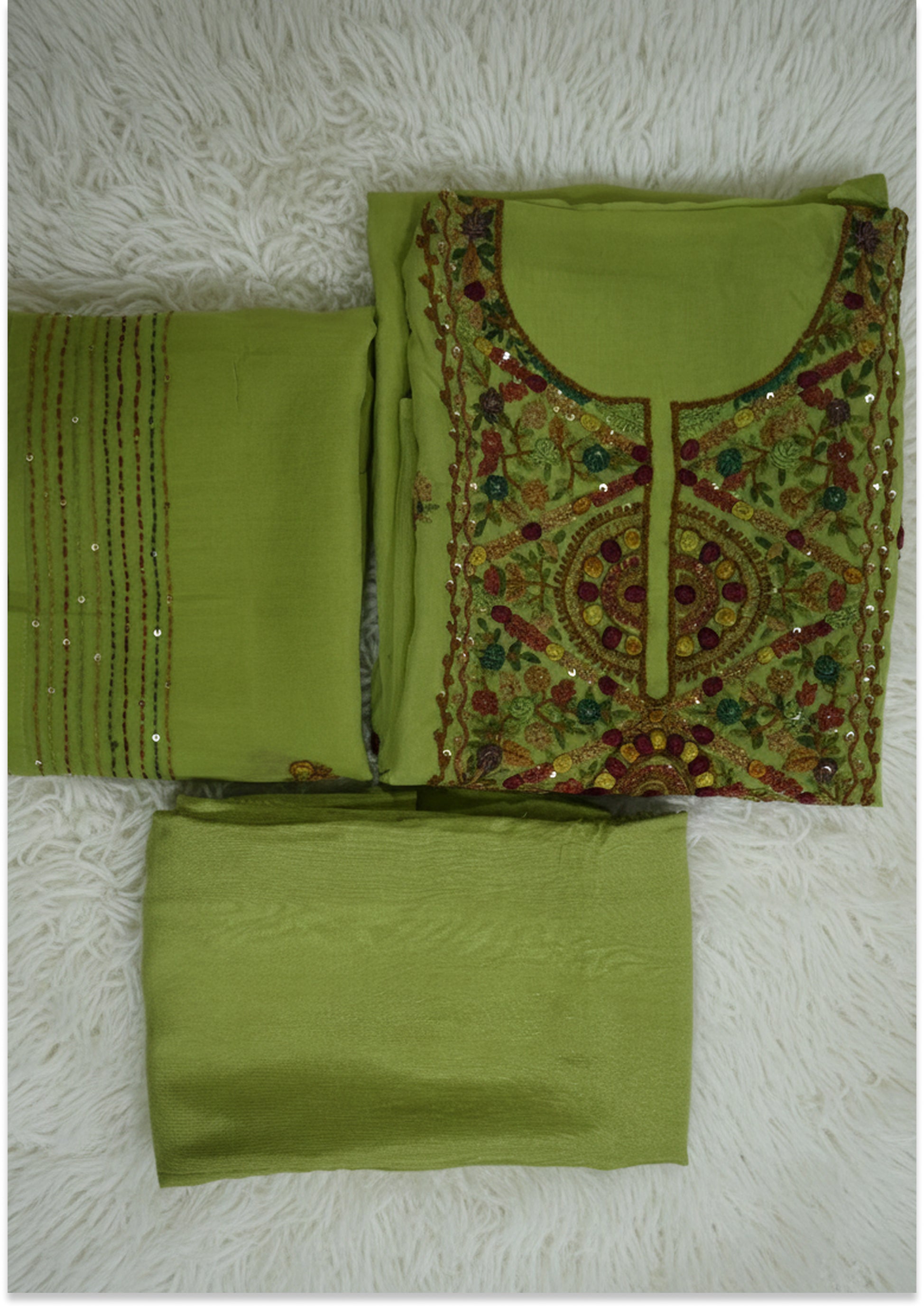 Mehendi Green Knot Work Unstitched Suit Material