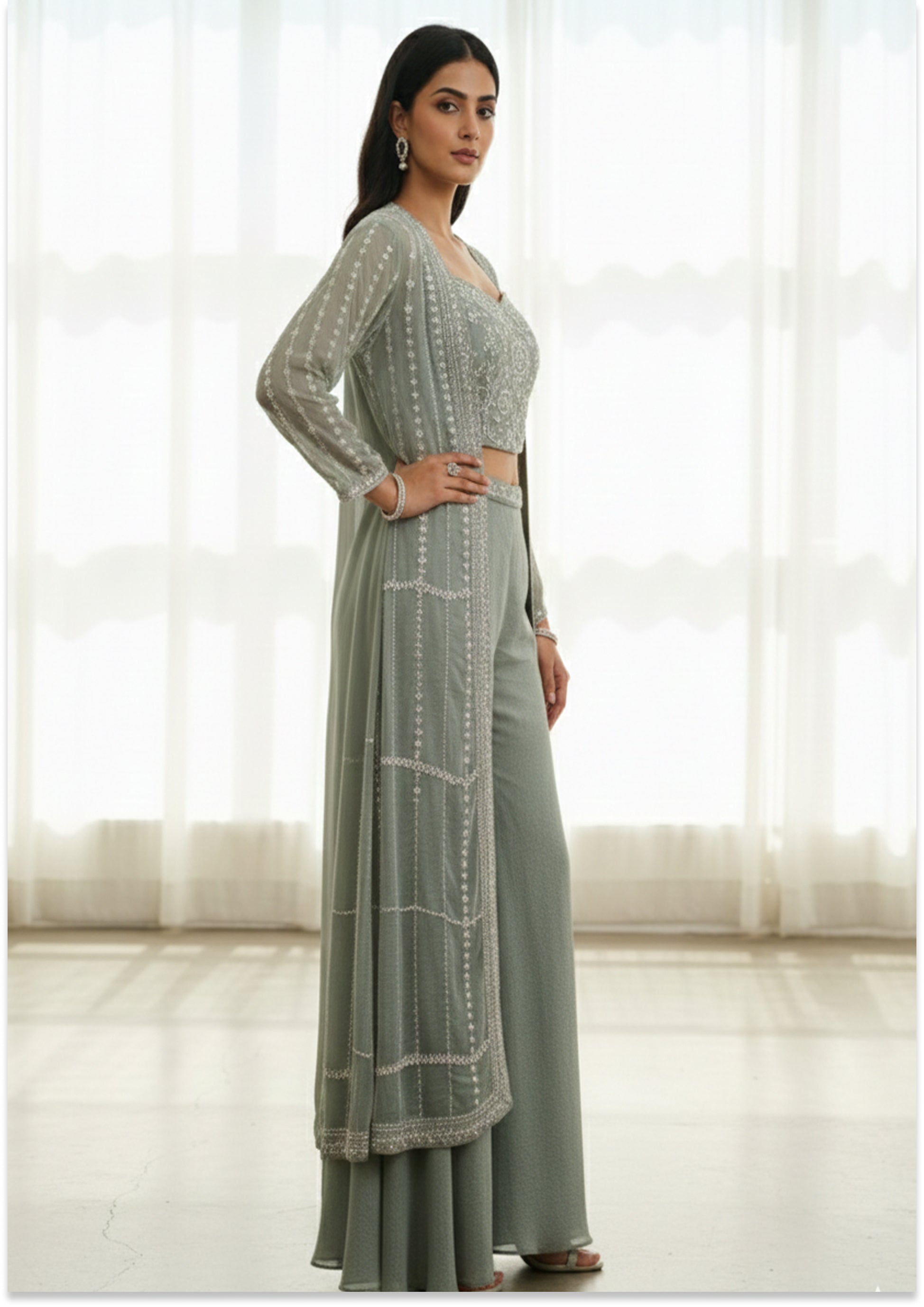 Light Greenish Grey Handcrafted Sharara with Jacket