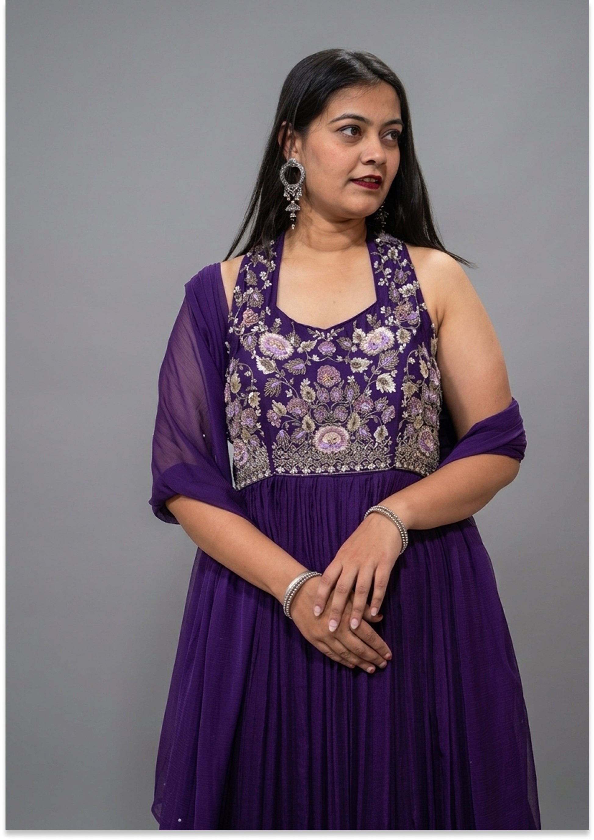 Purple Halter Handcrafted Indo-Western Evening Gown