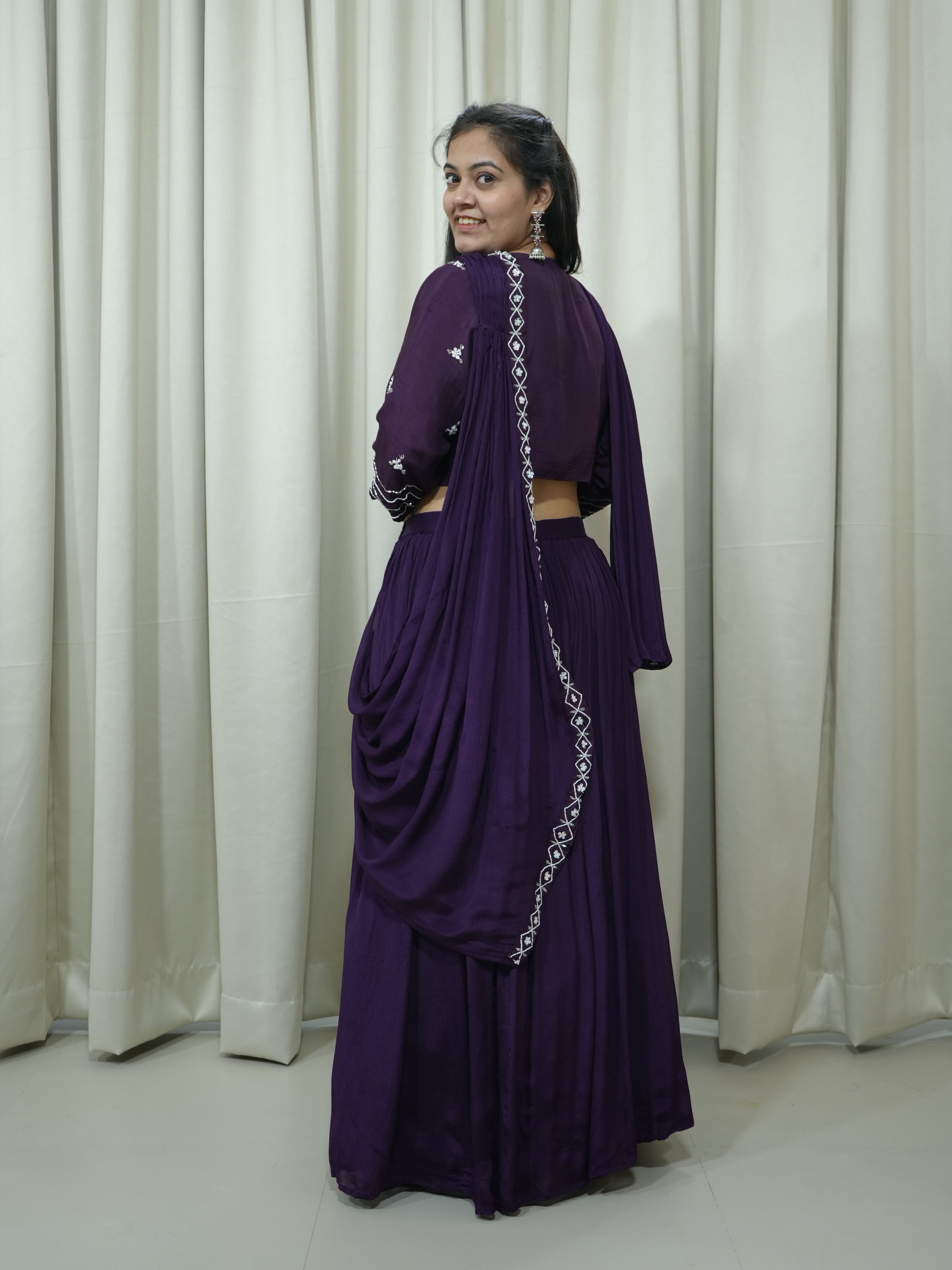 Wine Handcrafted Indo-Western Drape Dress with Skirt