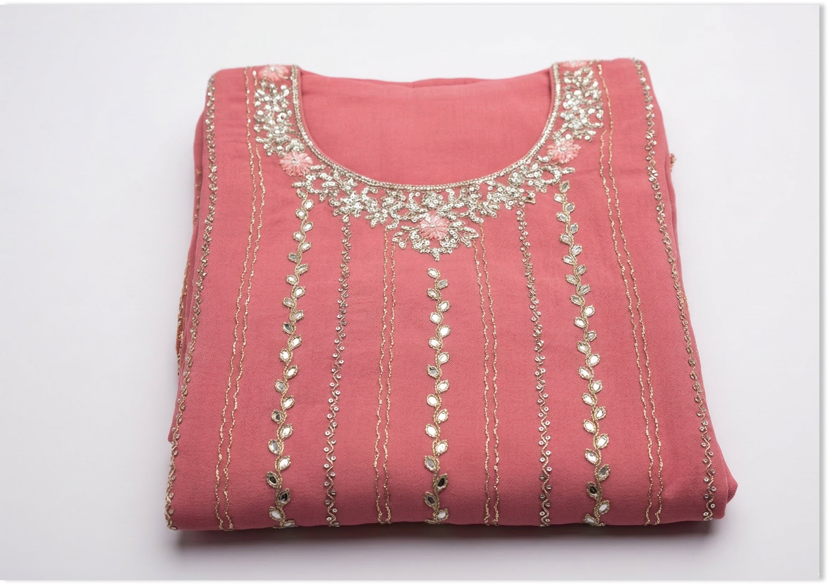 Peach Handcrafted Suit Material with Stitched Gharara