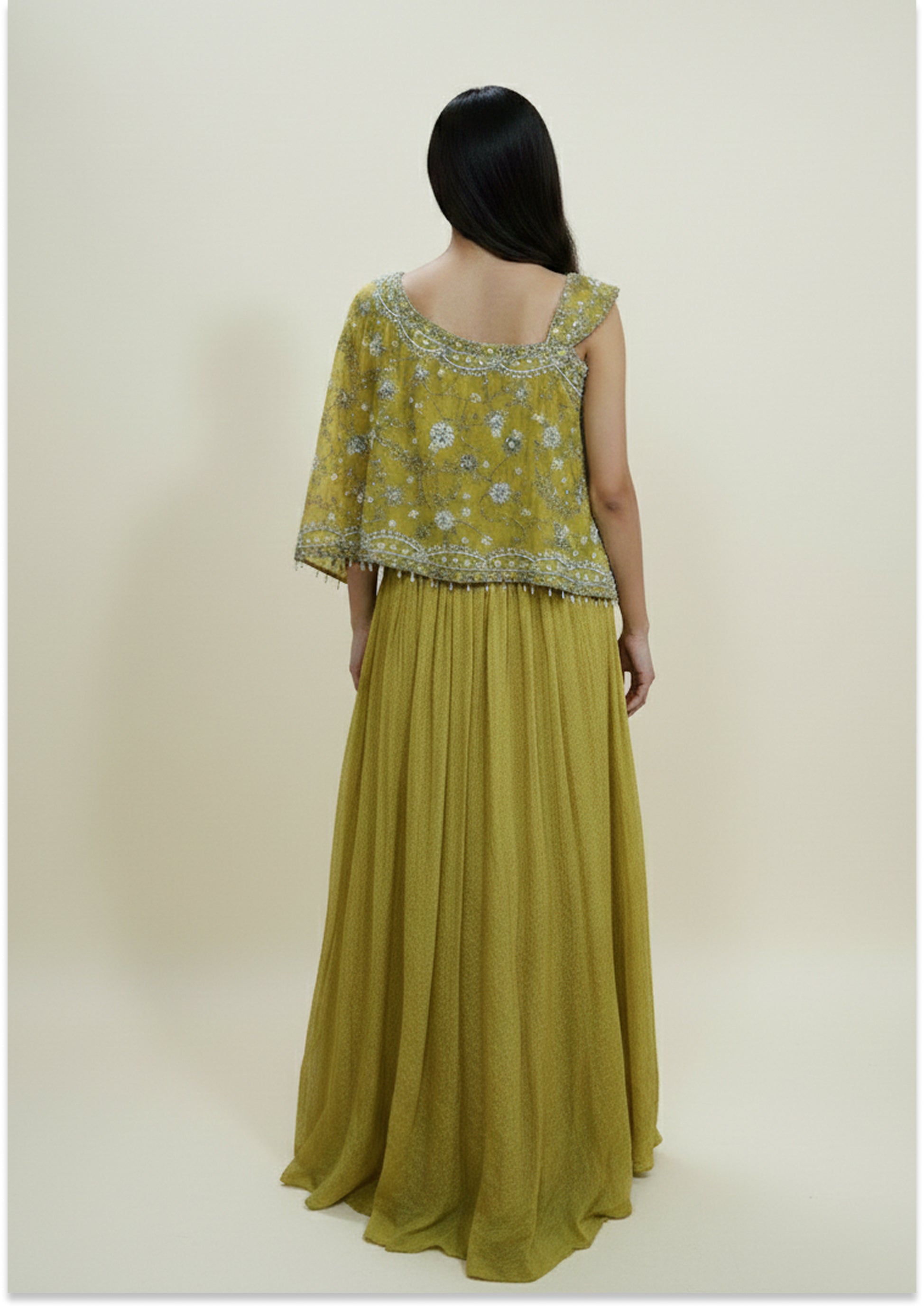 Pastel Lime Greenish Yellow Handcrafted Indo-Western Lehenga