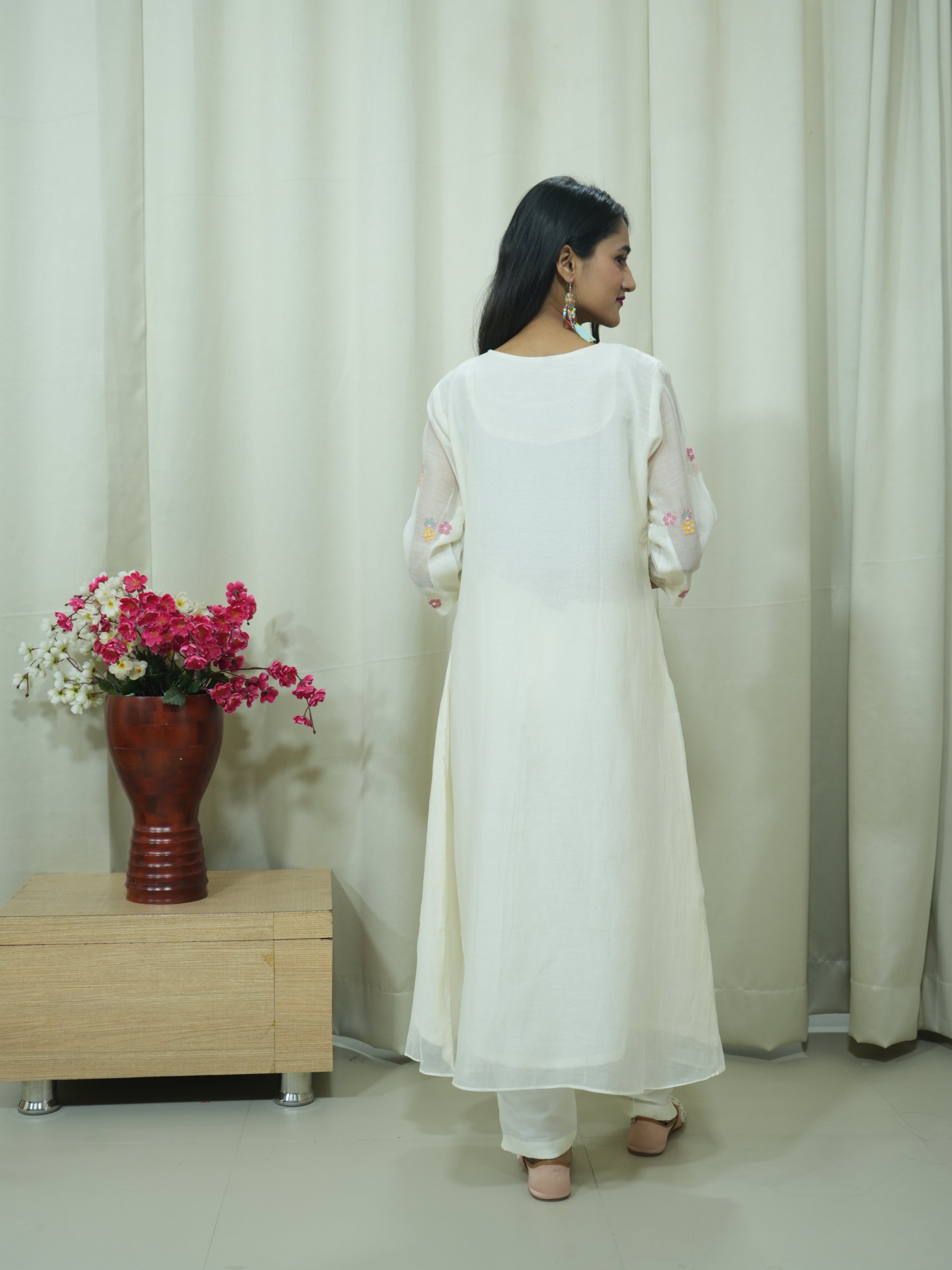 Off White Handcrafted Mul Chanderi A-line Suit Set