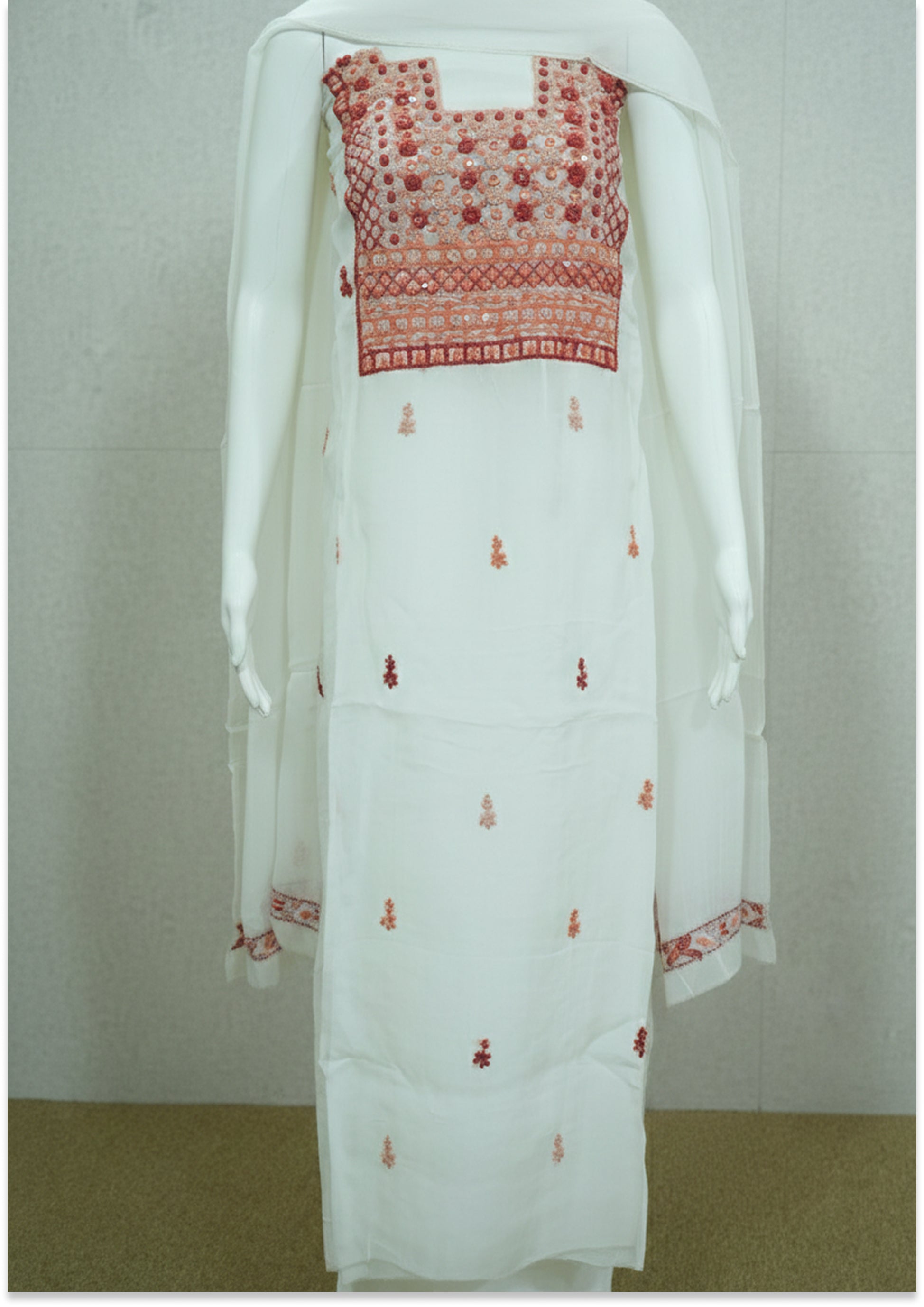Off White Unstitched suit material with Rust Knot Work