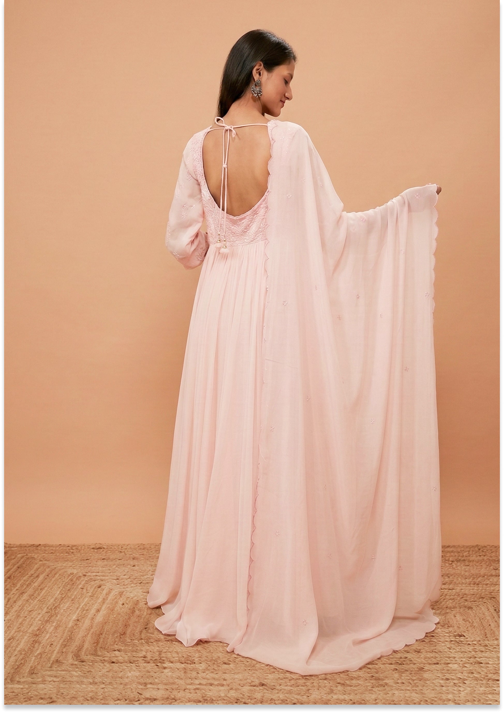 Nude Peach Handcrafted Evening Gown with Aliya cut yoke