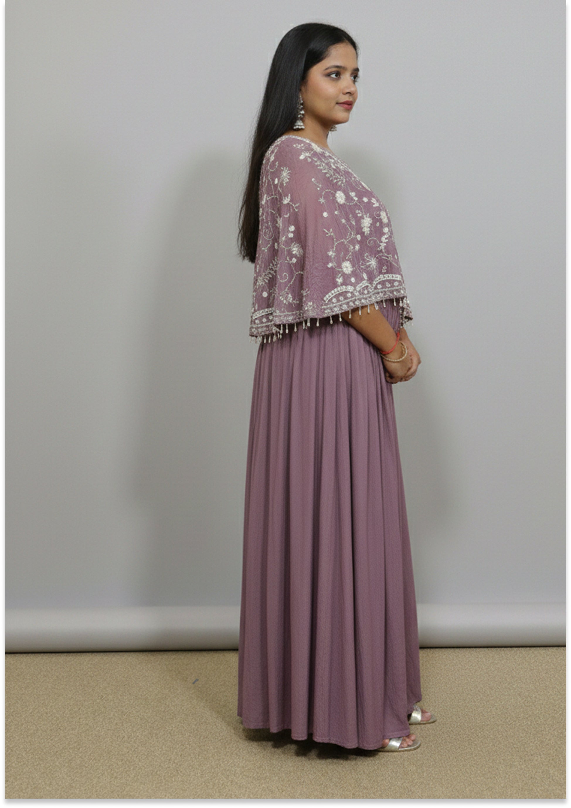 Nude lilac Handcrafted Asymmetric Indo-Western Lehenga