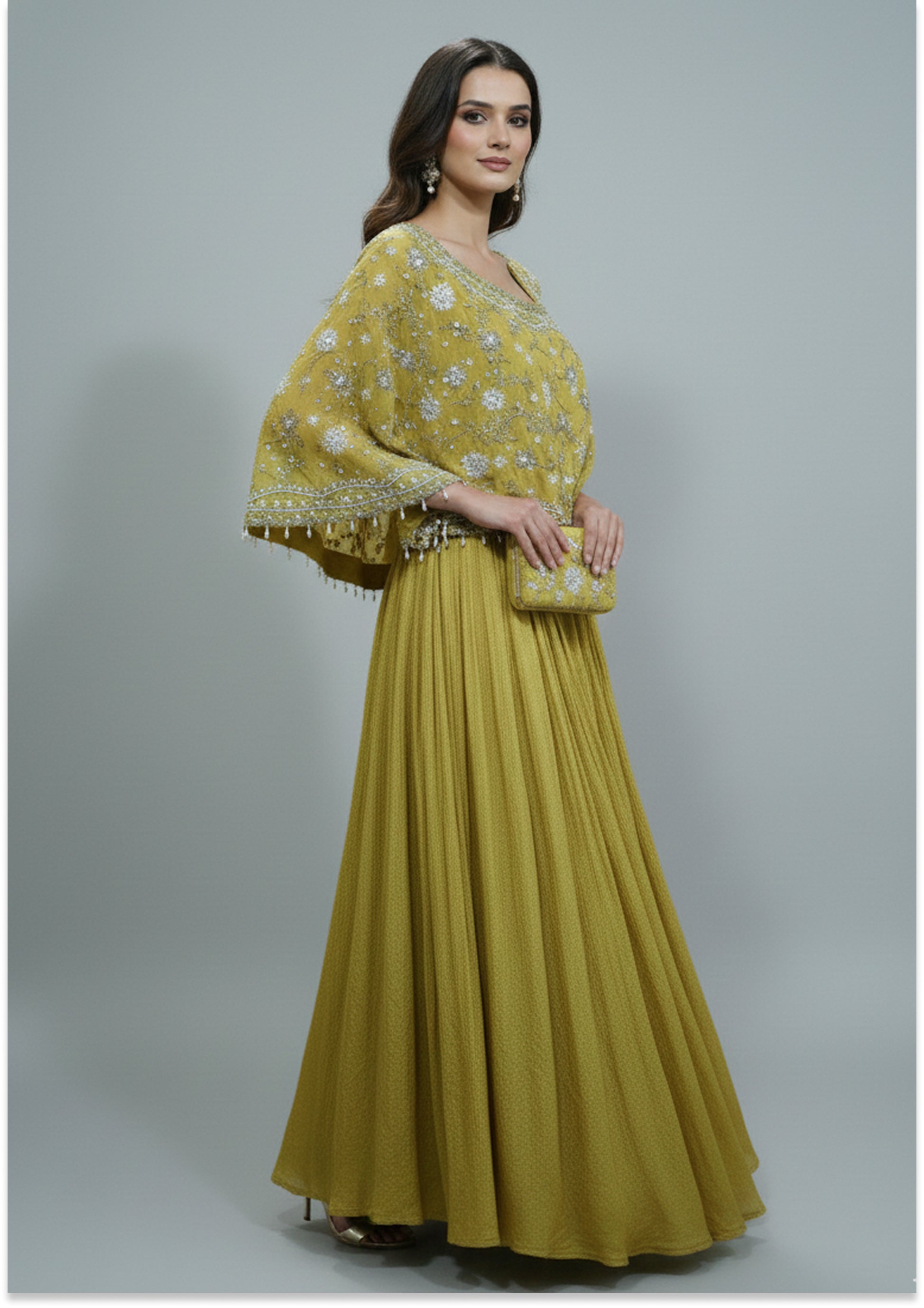Pastel Lime Greenish Yellow Handcrafted Indo-Western Lehenga