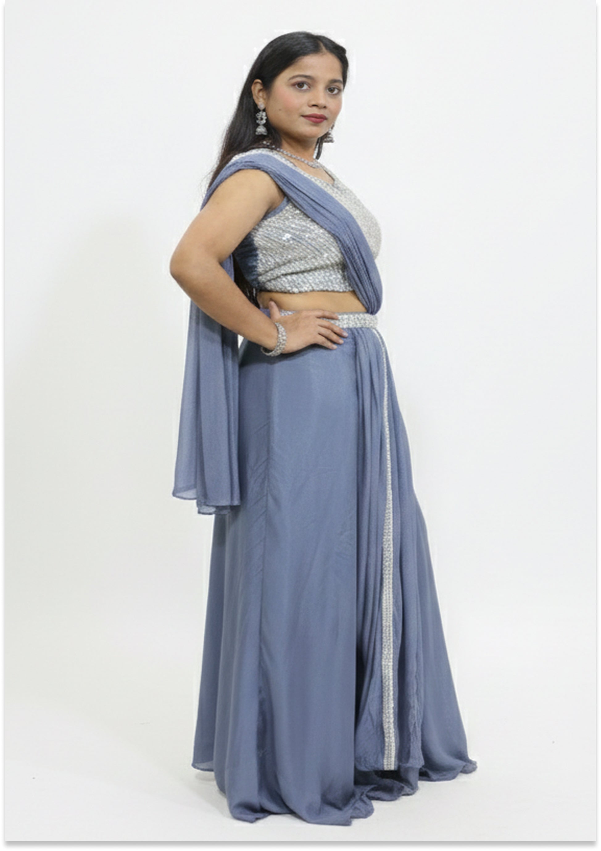 Grey Silver-Handwork Indo-Western Drape/Lehenga