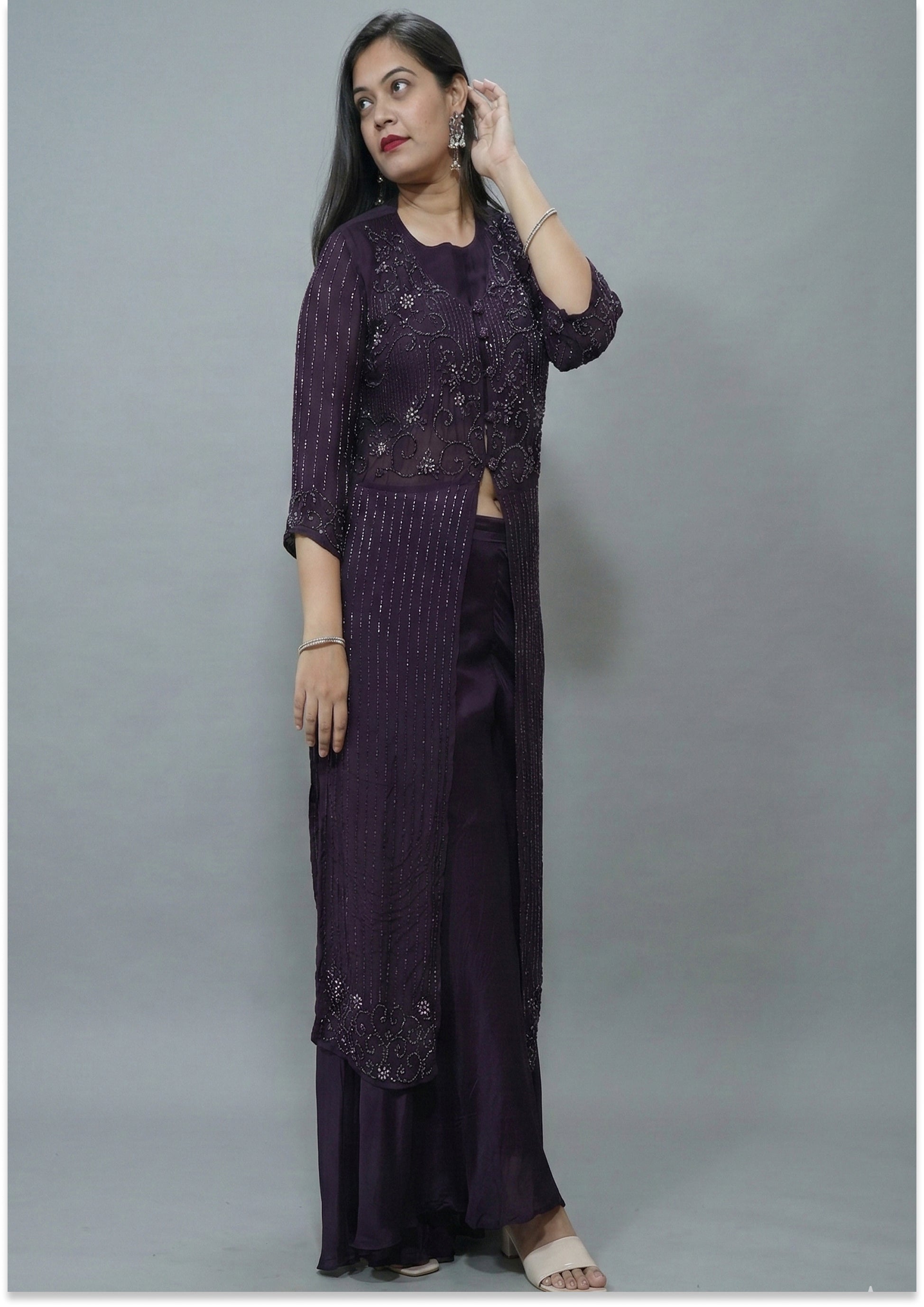 Wine Handcrafted Indo-Western Kurta Set with Long Jacket