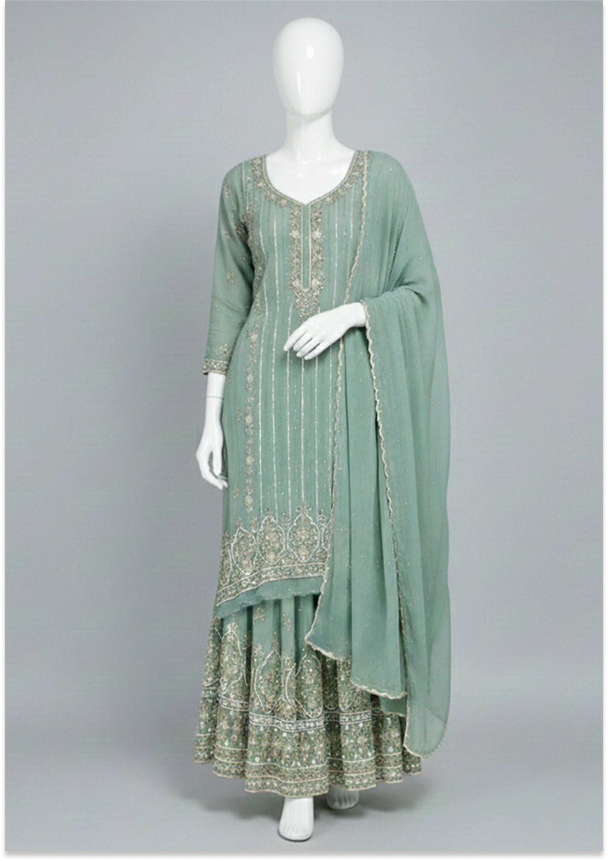 Teel Green Handcrafted Suit Material with Stitched Gharara