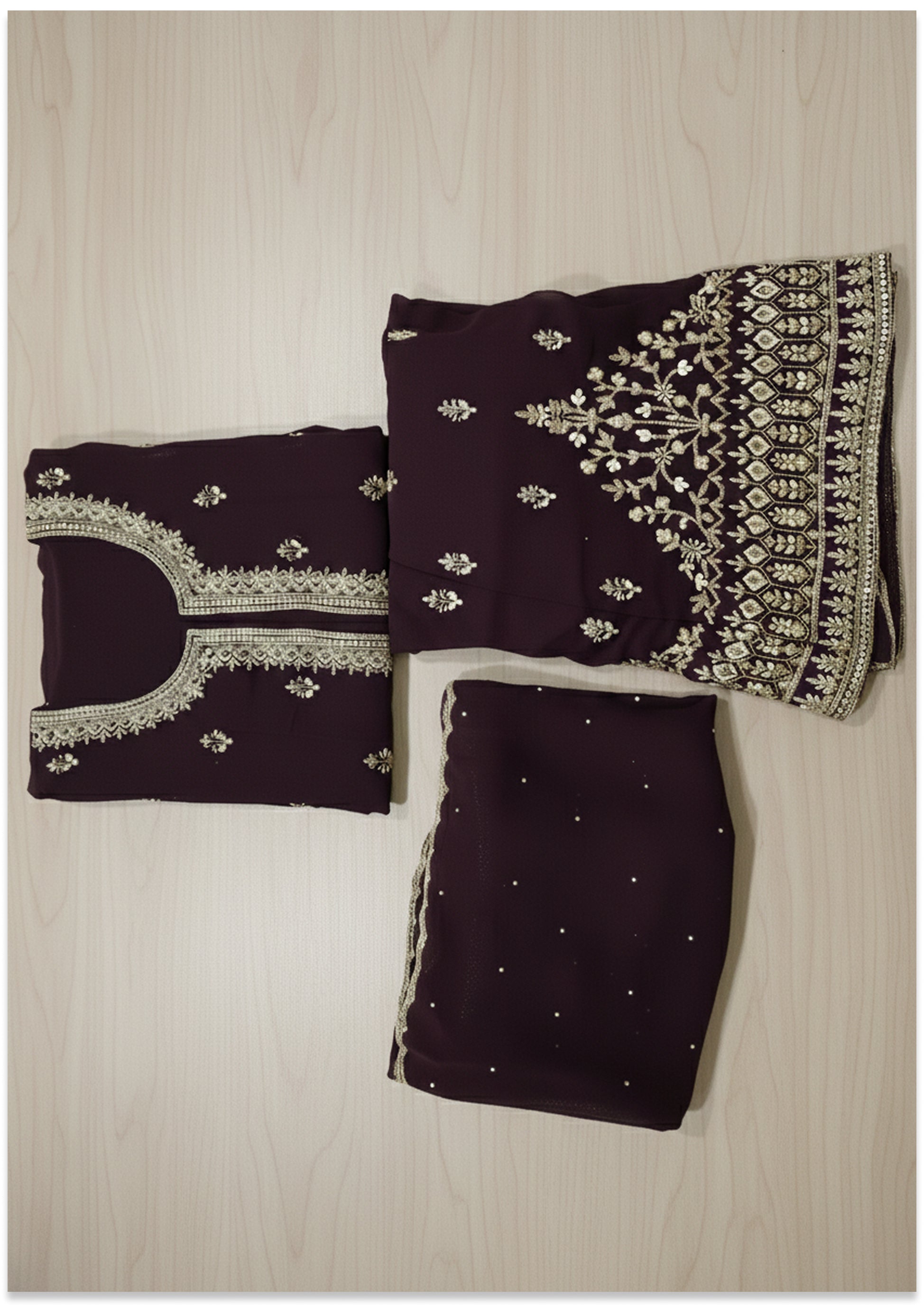 Wine Handcrafted Suit Material with Stitched Gharara