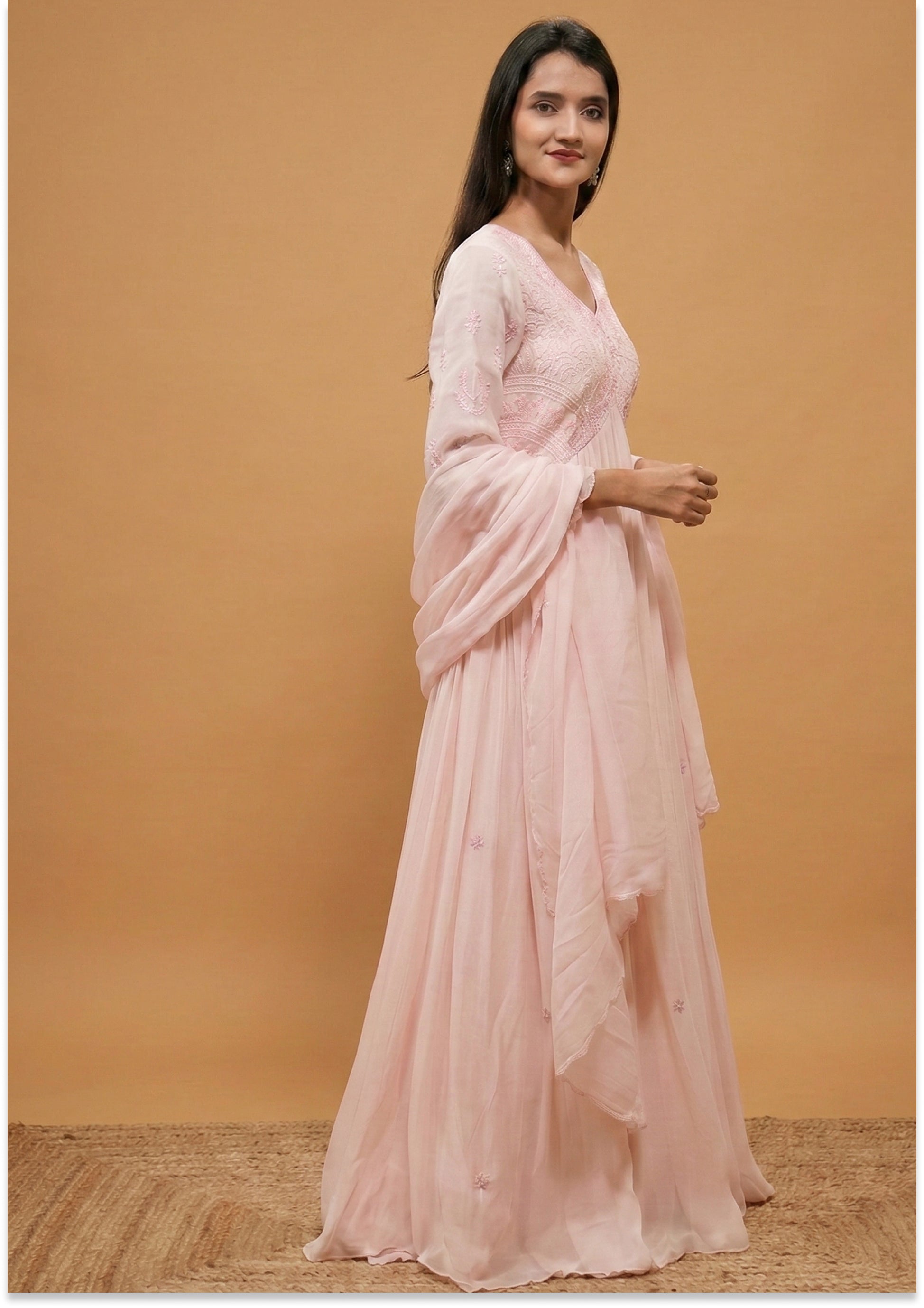 Nude Peach Handcrafted Evening Gown with Aliya cut yoke