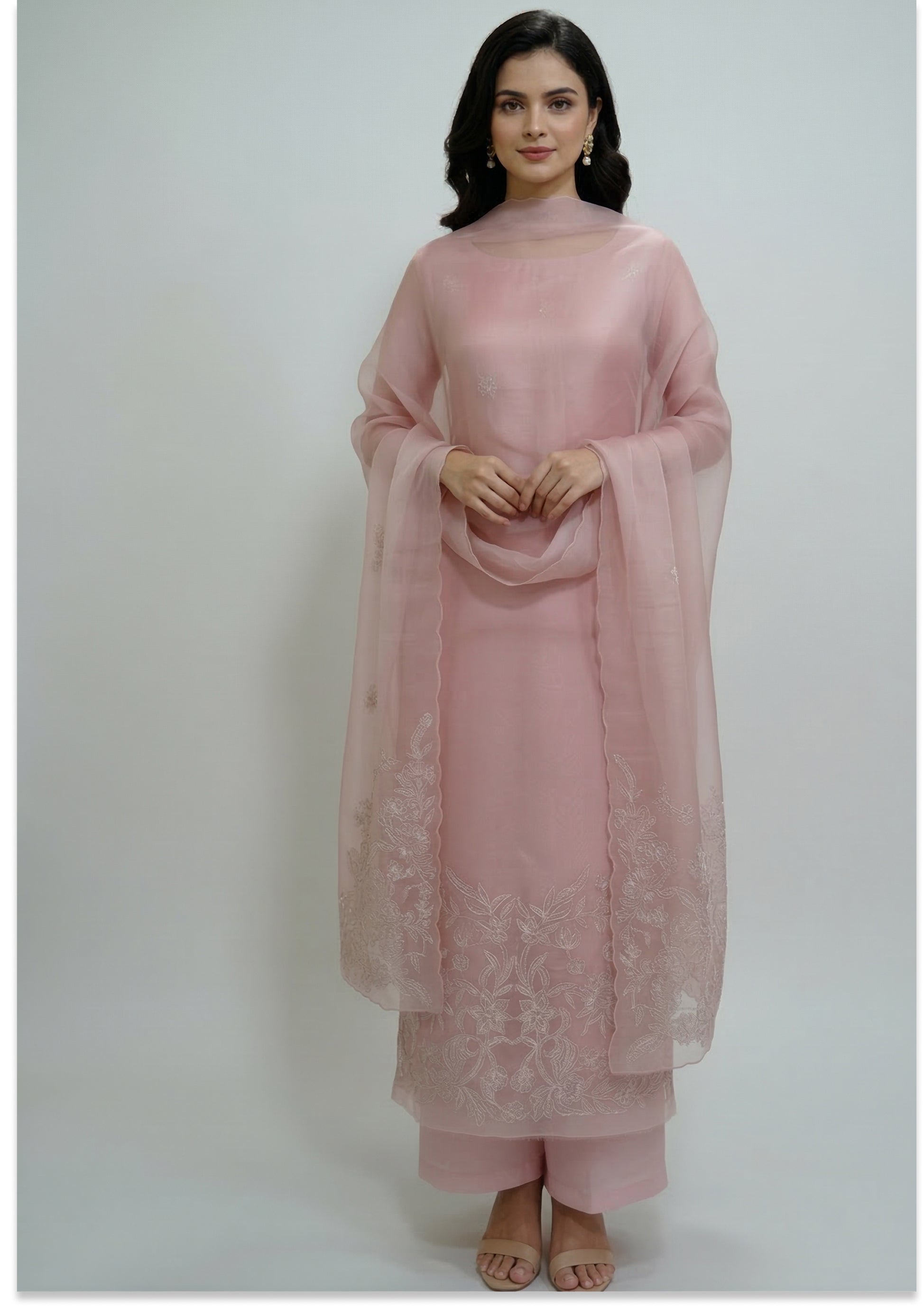 Nude Pink Handcrafted Pure Organza Unstitched Material