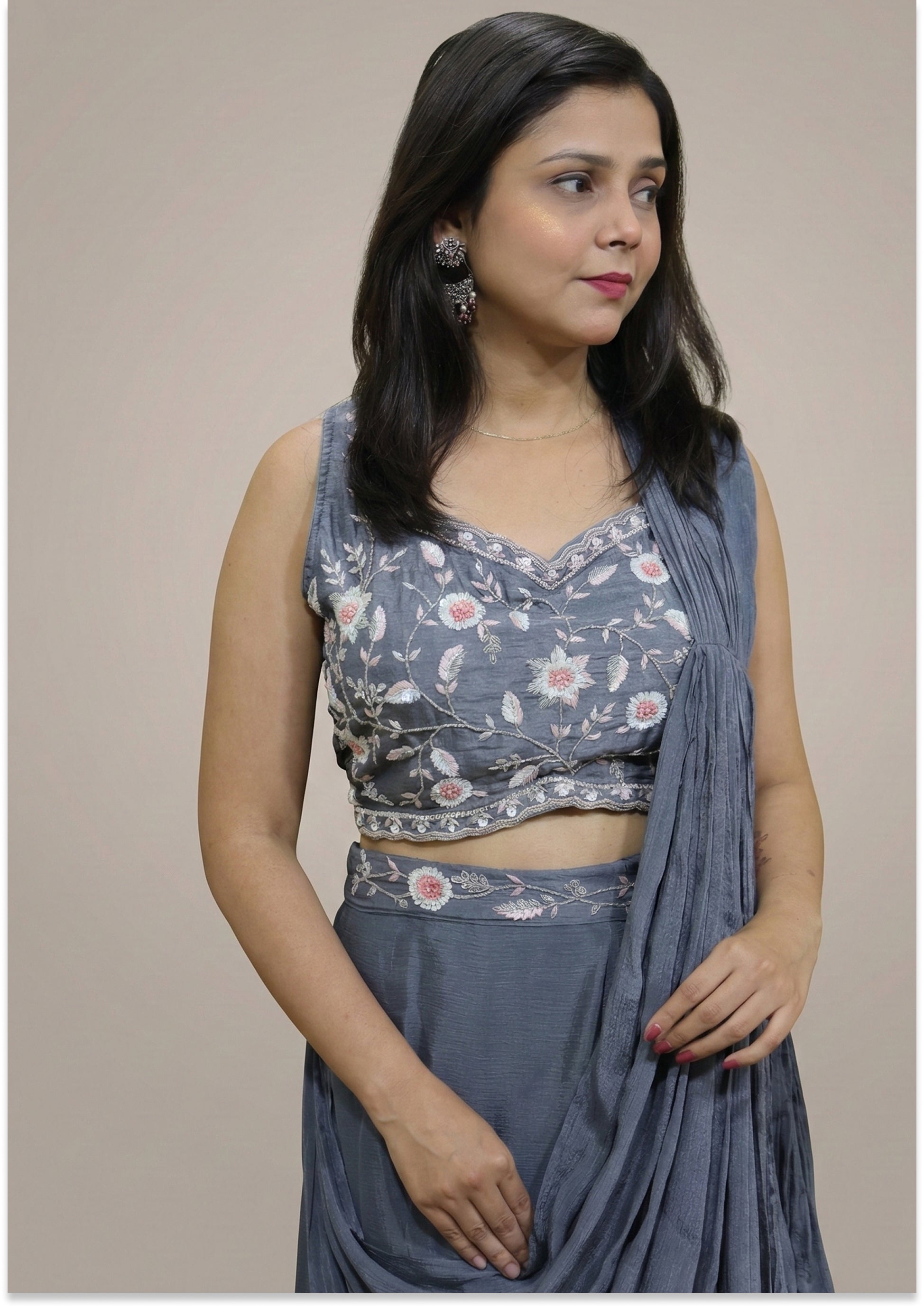 Grey Handcrafted Indo-Western Drape/Lehenga