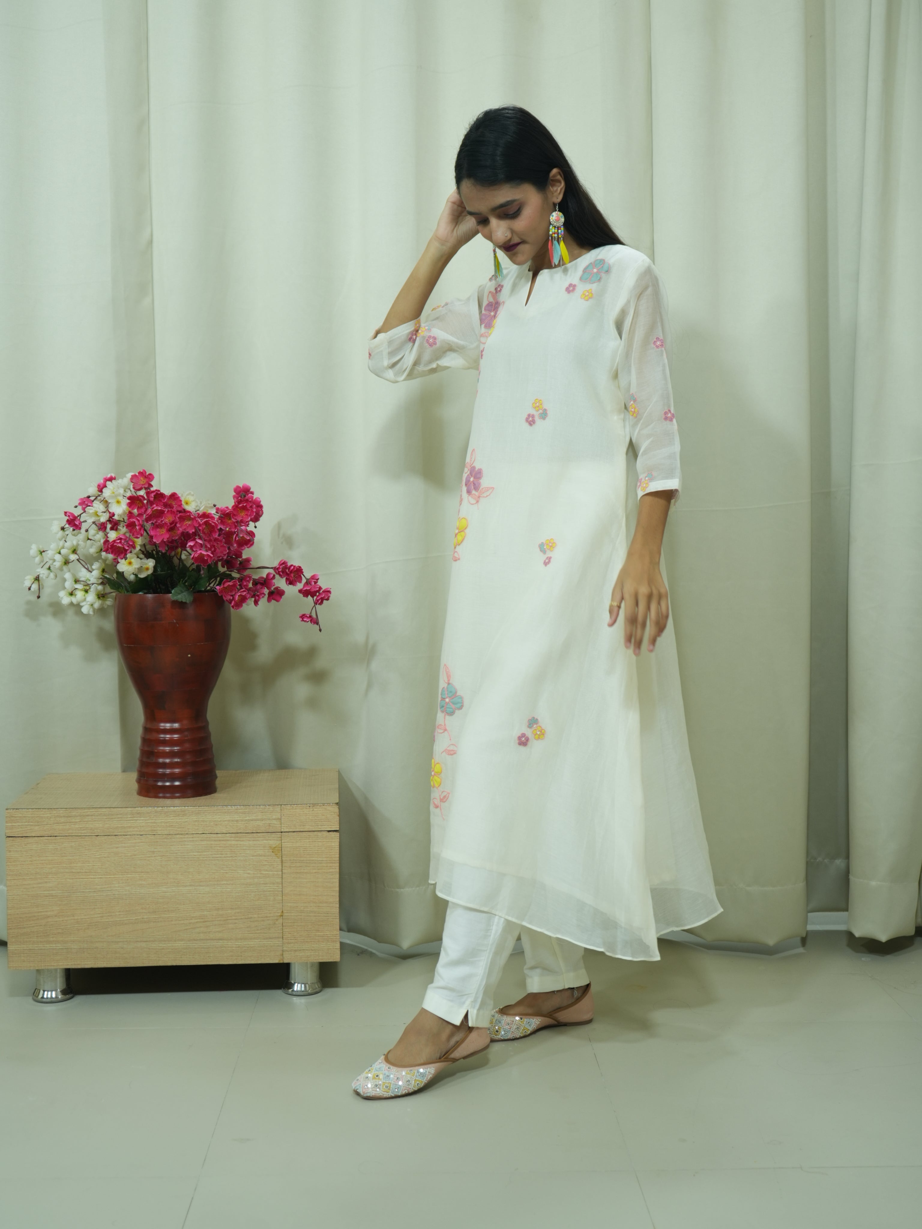 Off White Handcrafted Mul Chanderi A-line Suit Set