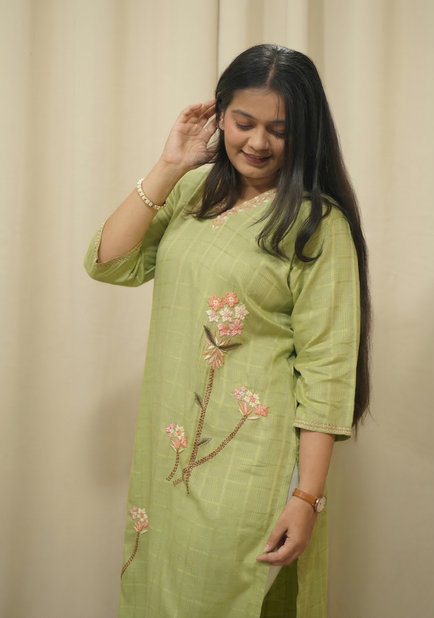 Pista Green Cotton Handcrafted Kurti