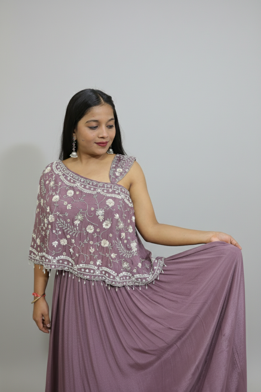 Nude lilac Handcrafted Asymmetric Indo-Western Lehenga
