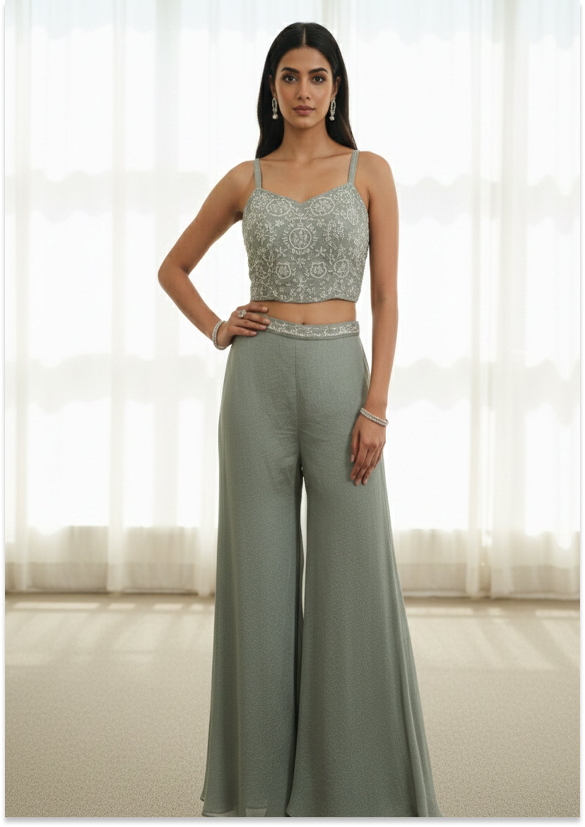 Light Greenish Grey Handcrafted Sharara with Jacket