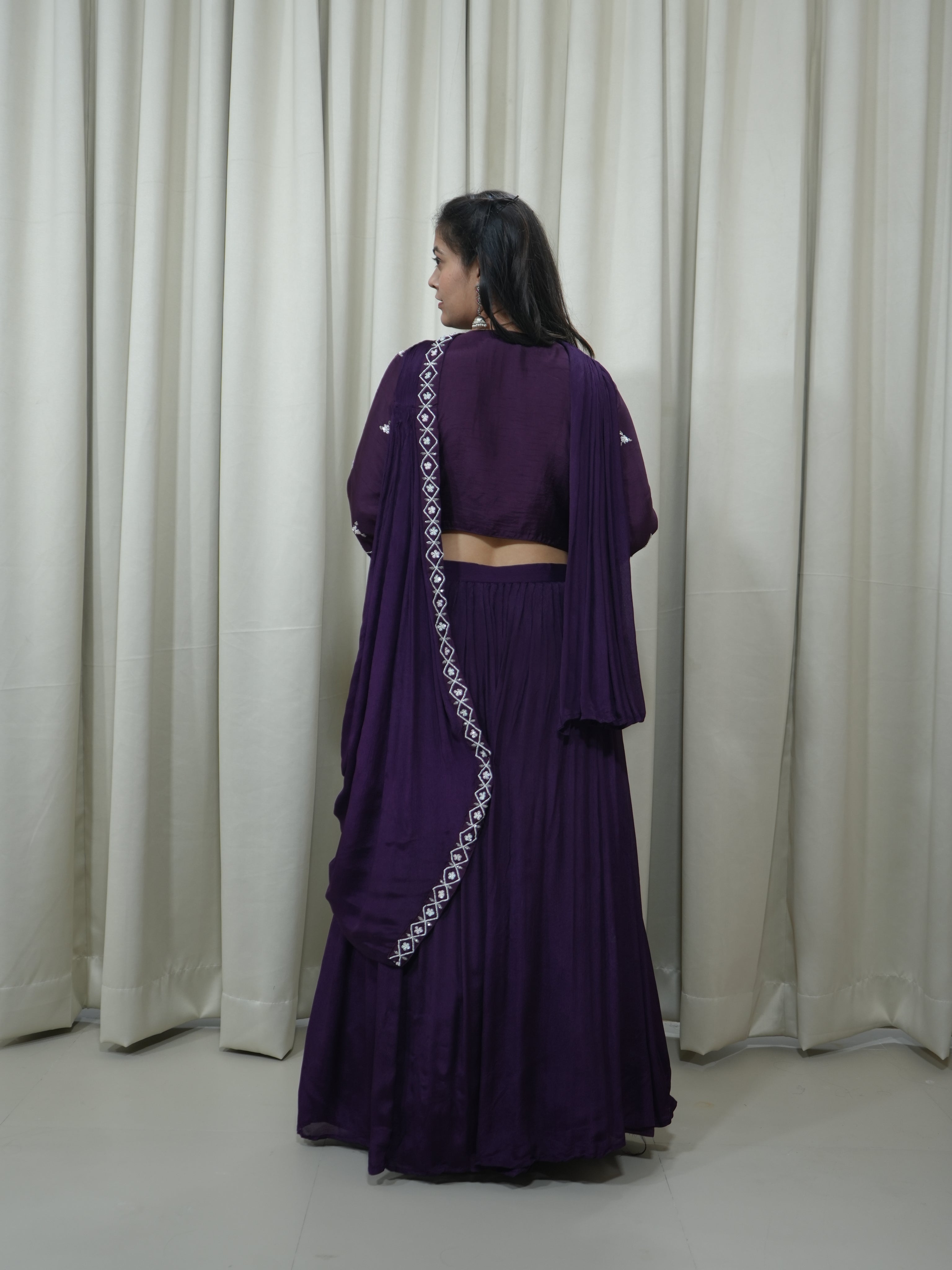 Wine Handcrafted Indo-Western Drape Dress with Skirt