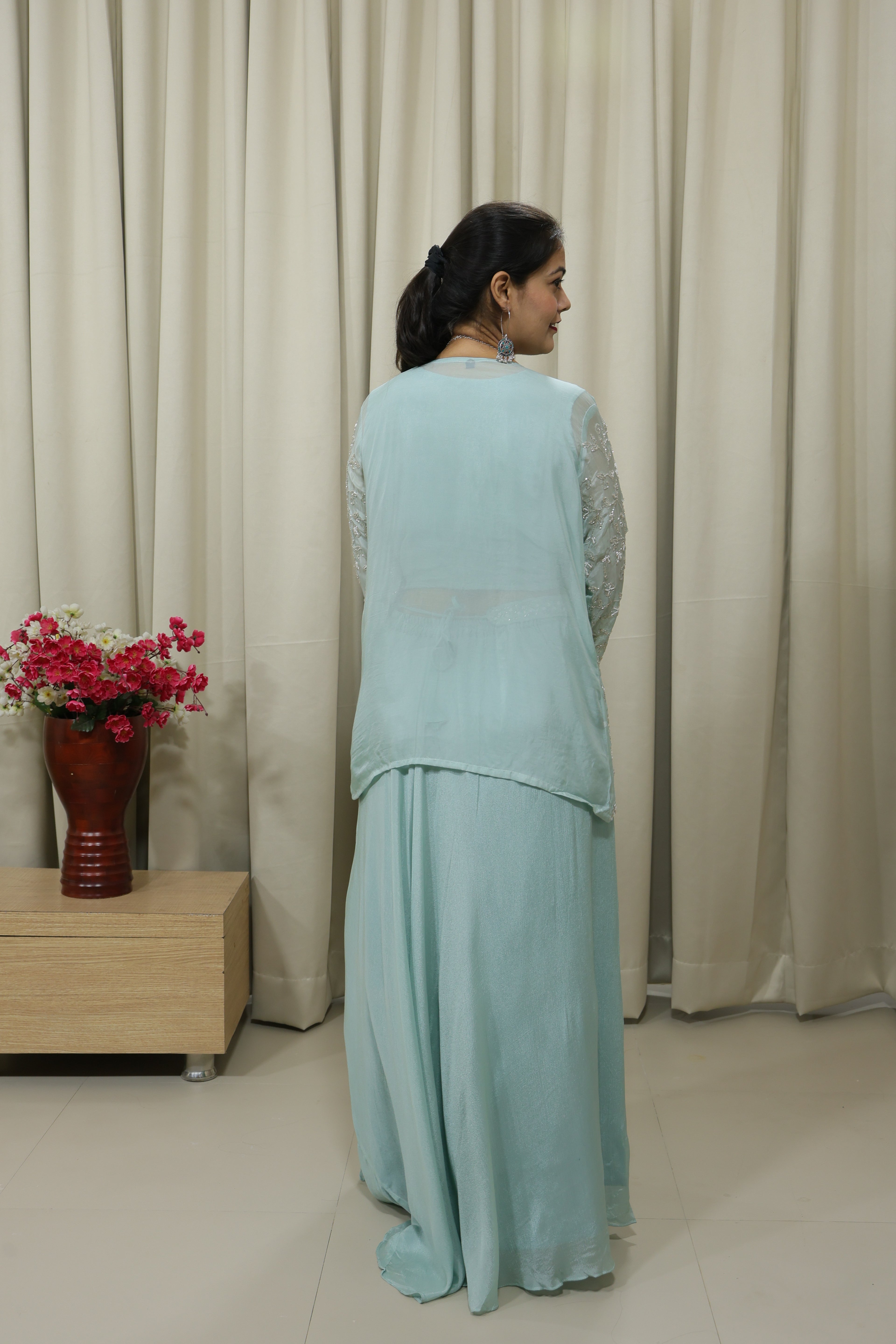 Aqua Green Handcrafted Indo-Western Lehenga with Jacket