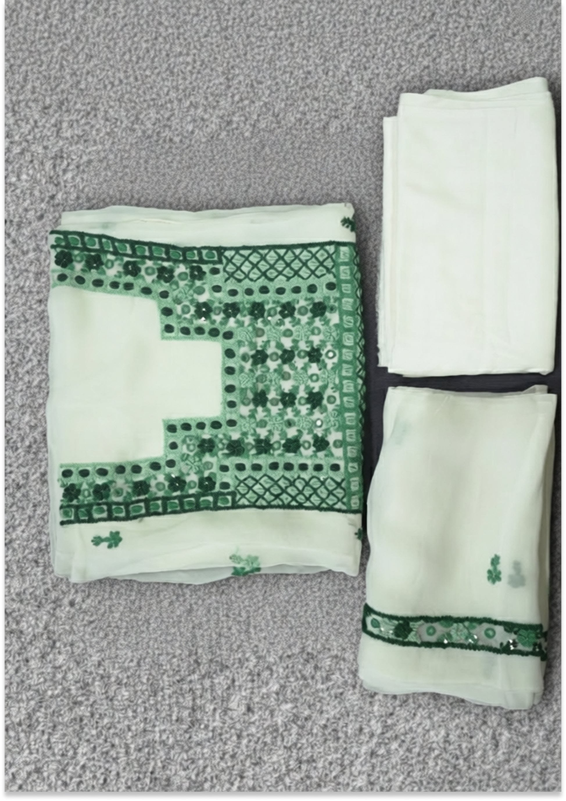 Off White Georgette Unstitched suit material with Bottle Green Knot Work