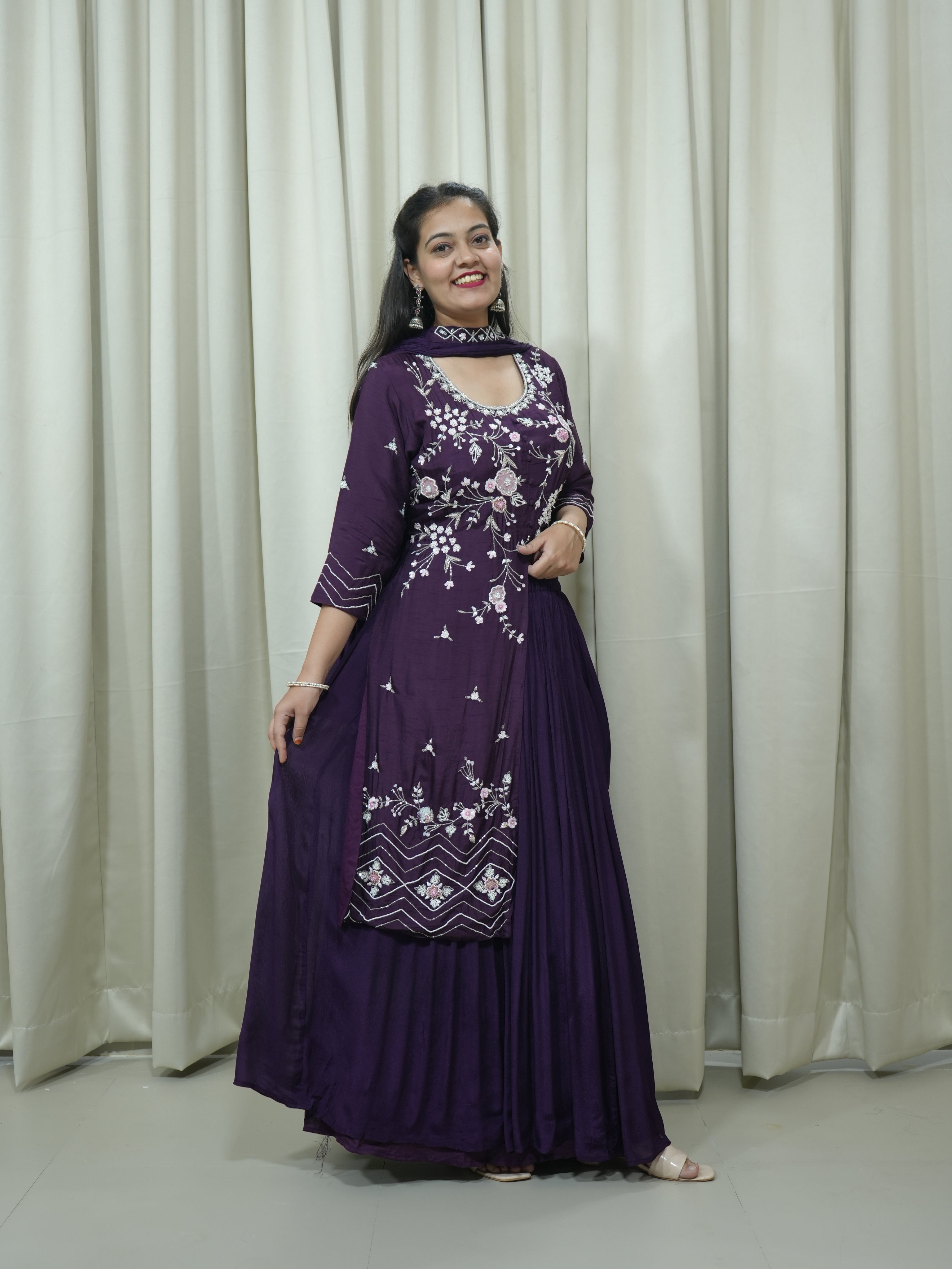 Wine Handcrafted Indo-Western Drape Dress with Skirt