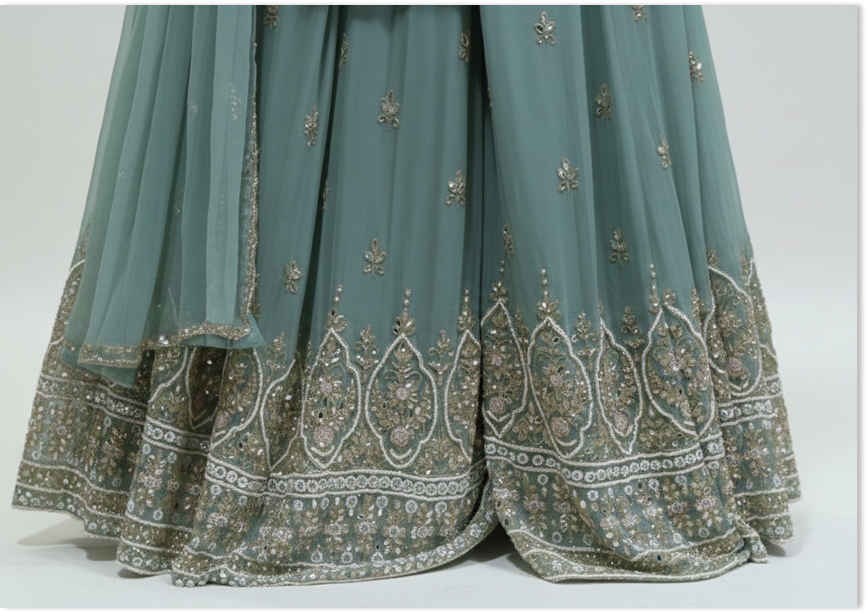 Teel Green Handcrafted Suit Material with Stitched Gharara