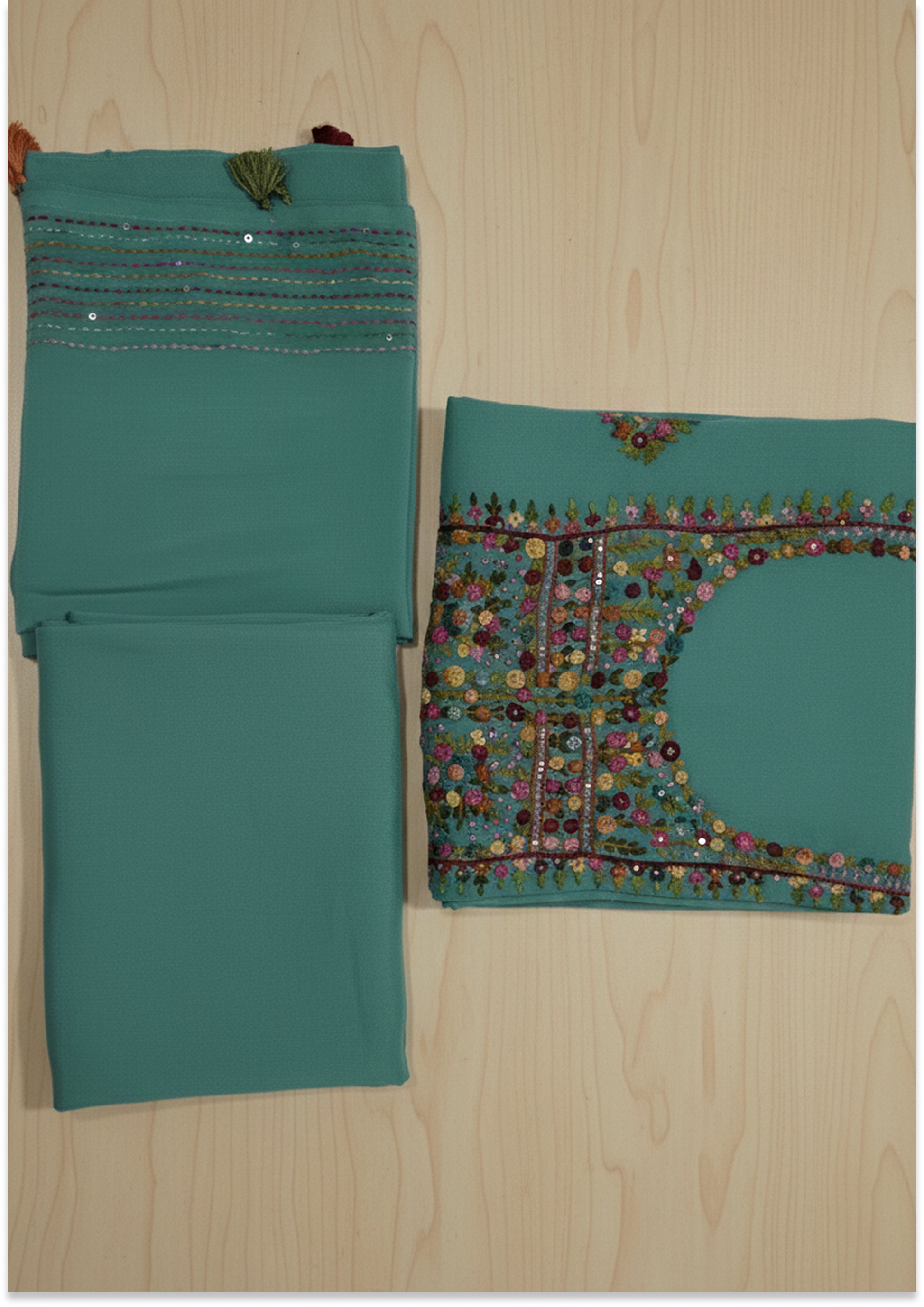 Light Turquoise Knot Work Unstitched Suit Material