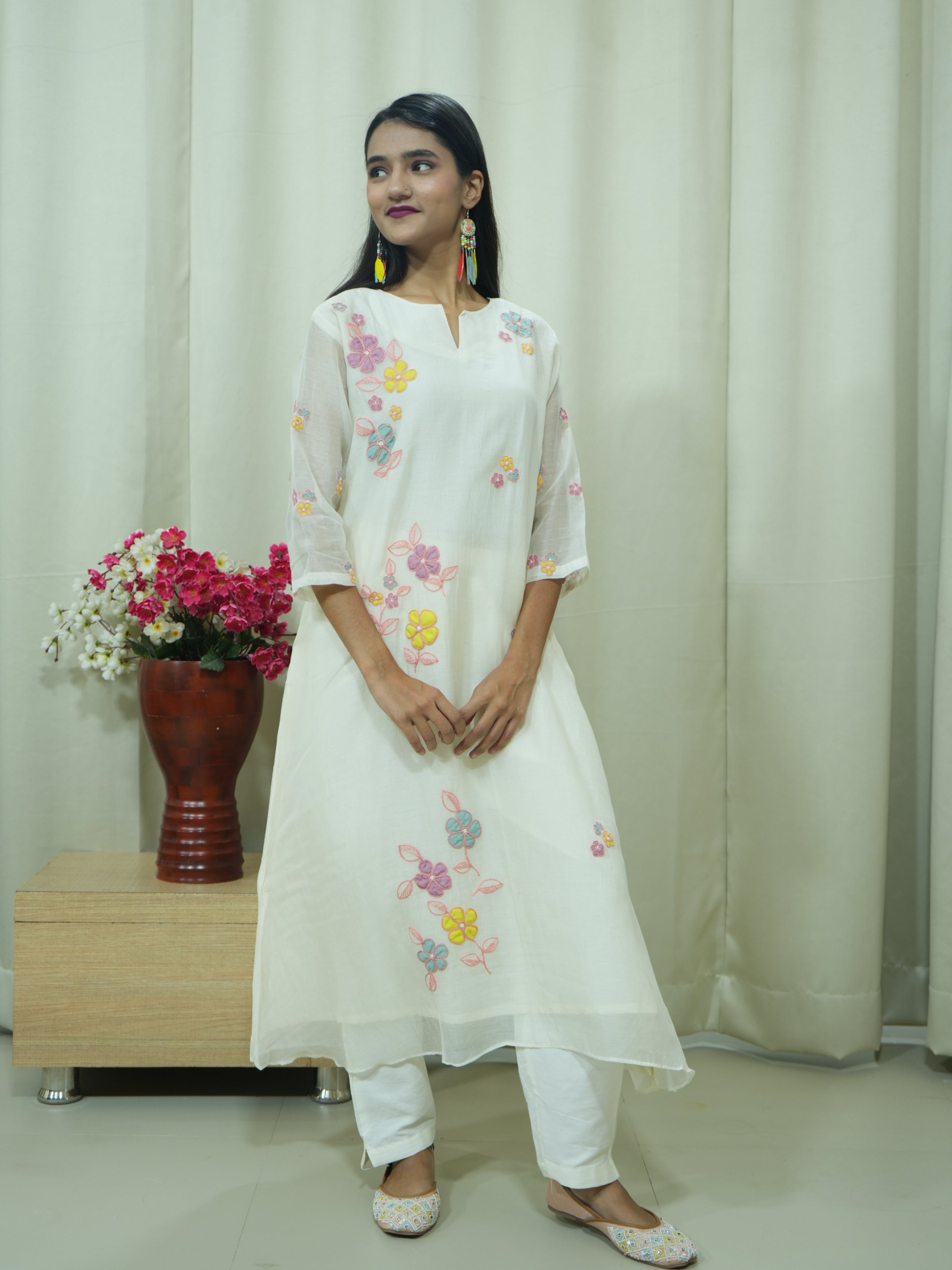 Off White Handcrafted Mul Chanderi A-line Suit Set