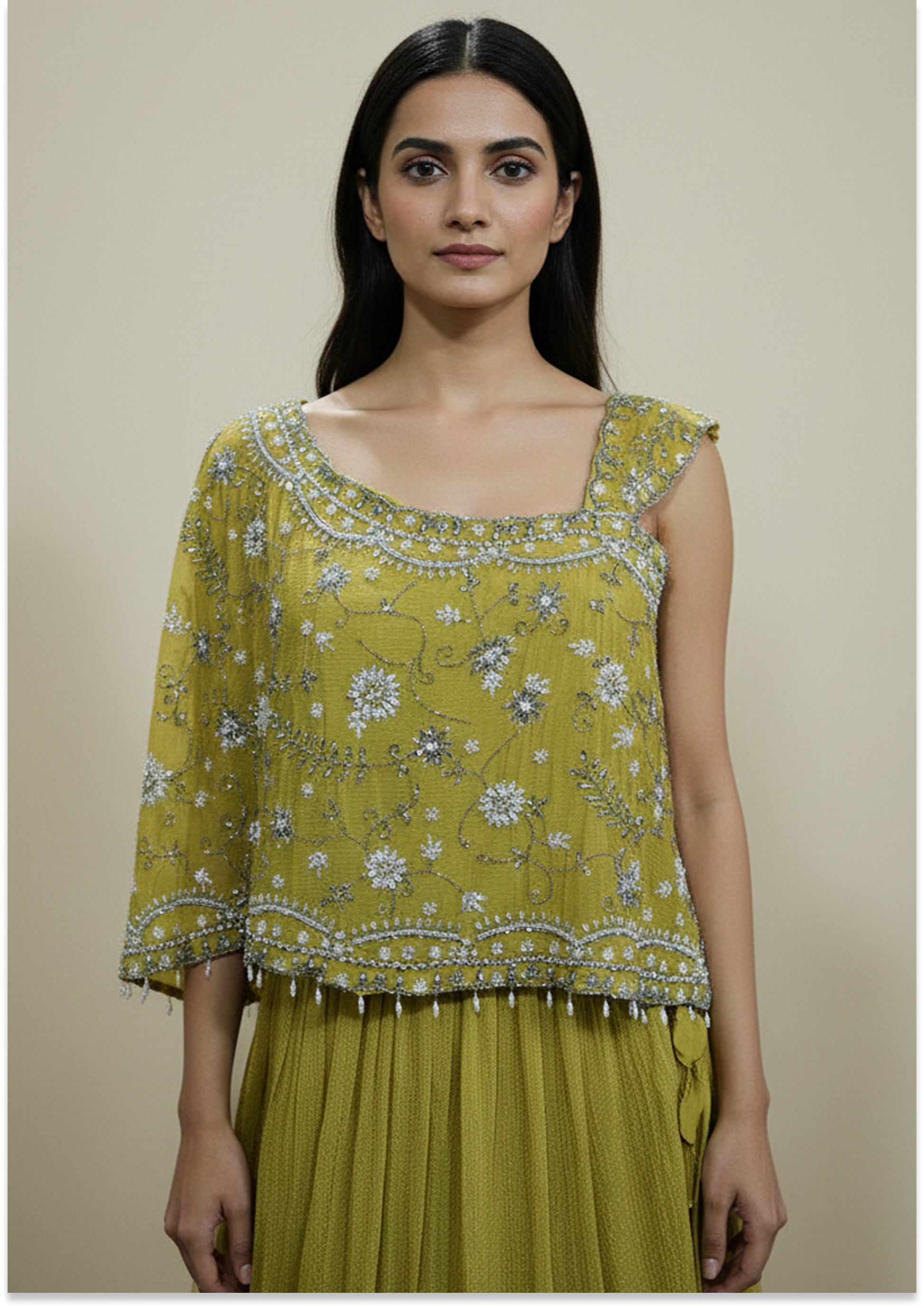 Pastel Lime Greenish Yellow Handcrafted Indo-Western Lehenga