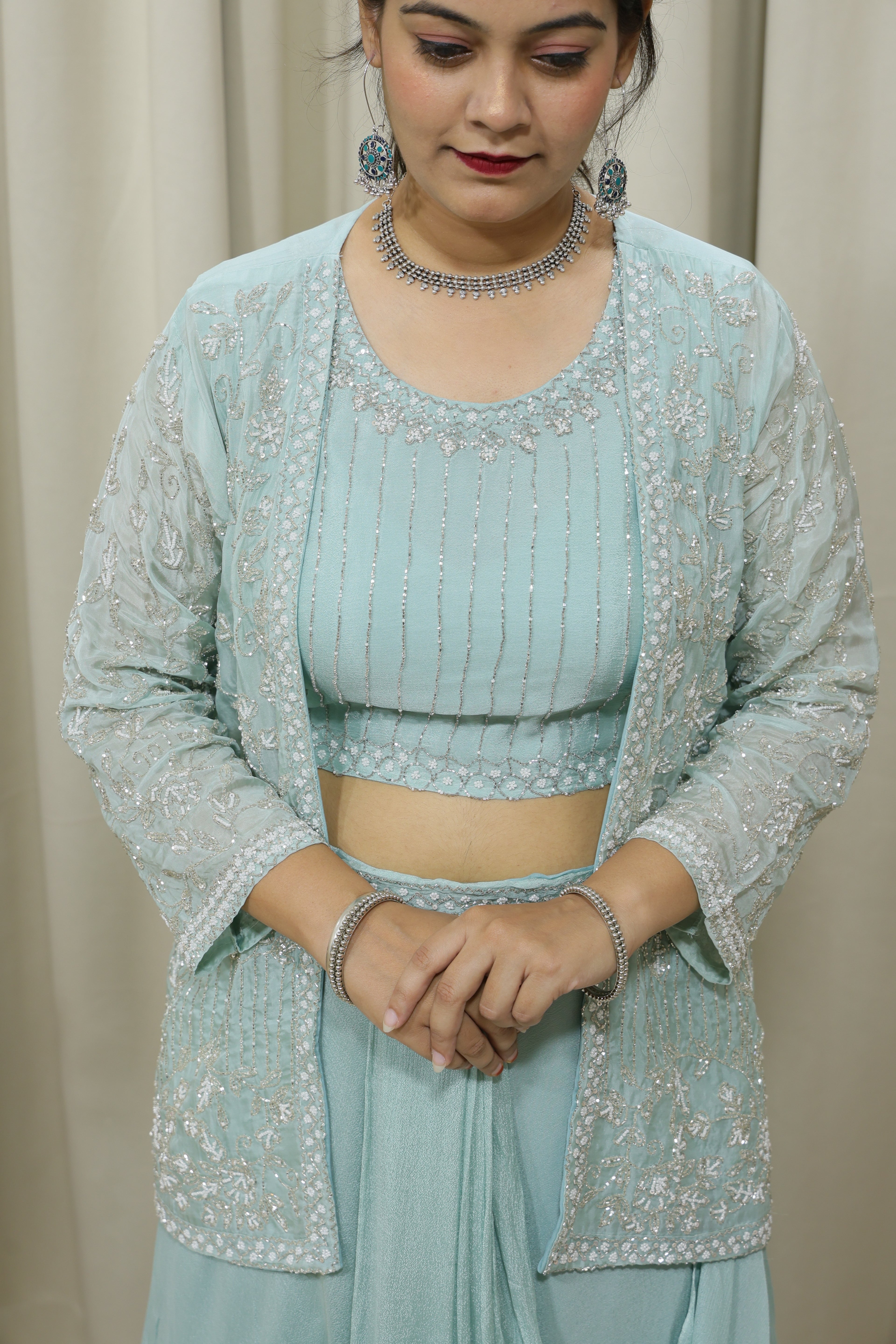 Aqua Green Handcrafted Indo-Western Lehenga with Jacket