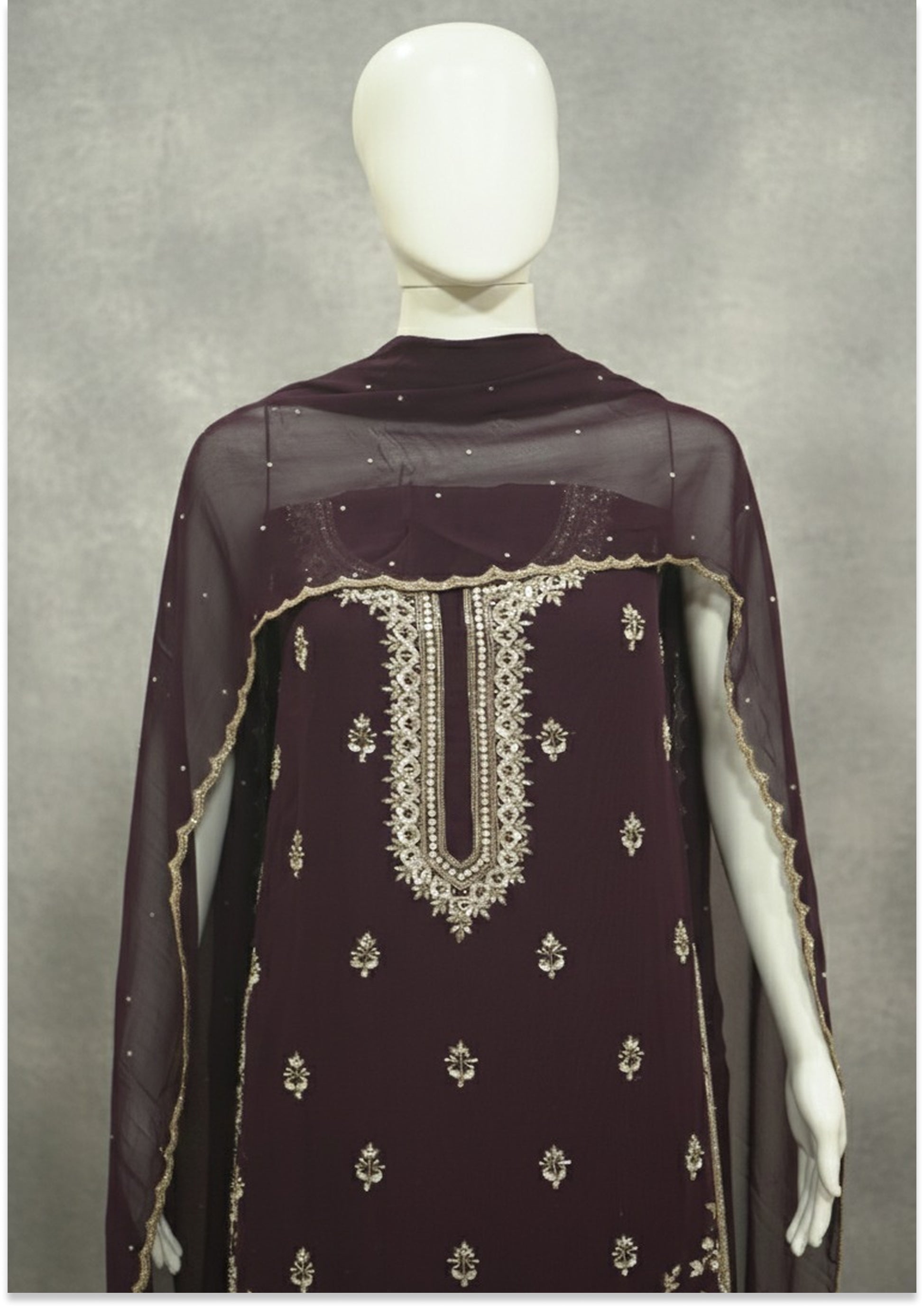 Wine Handcrafted Suit Material with Stitched Gharara