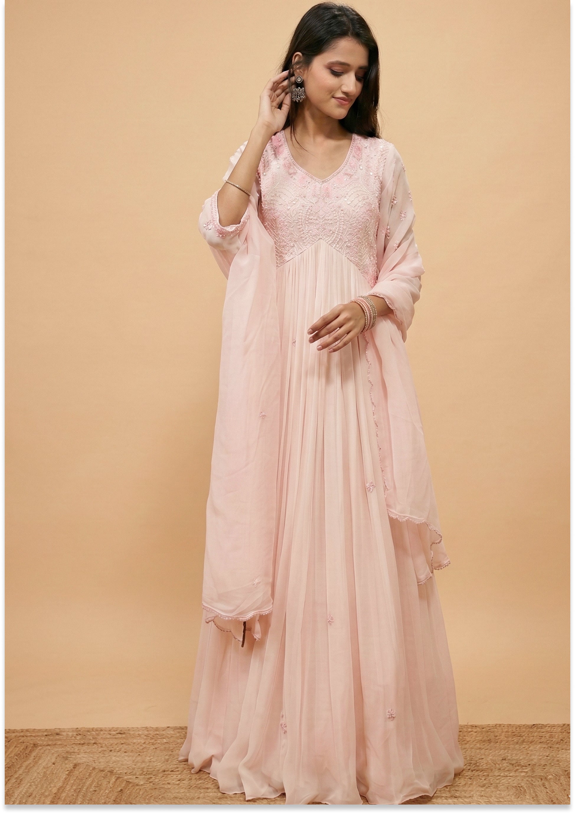 Nude Peach Handcrafted Evening Gown with Aliya cut yoke