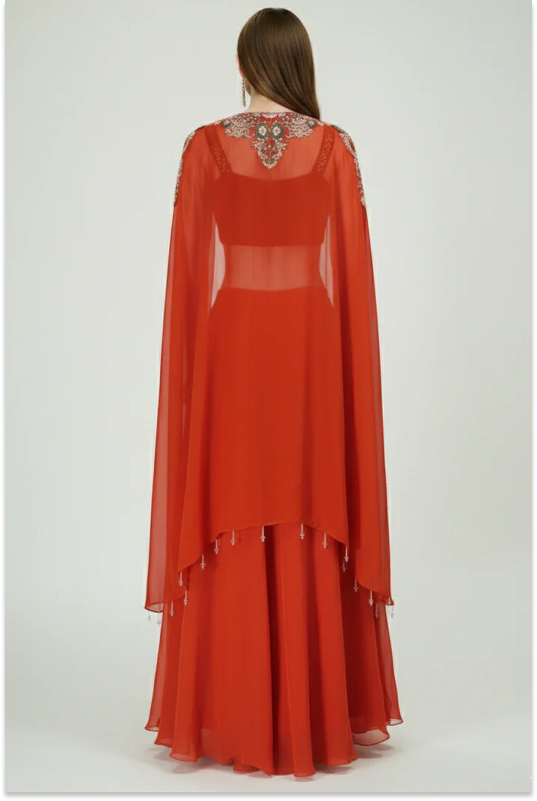 Rust Handcrafted Indo-Western Lehenga with Cape