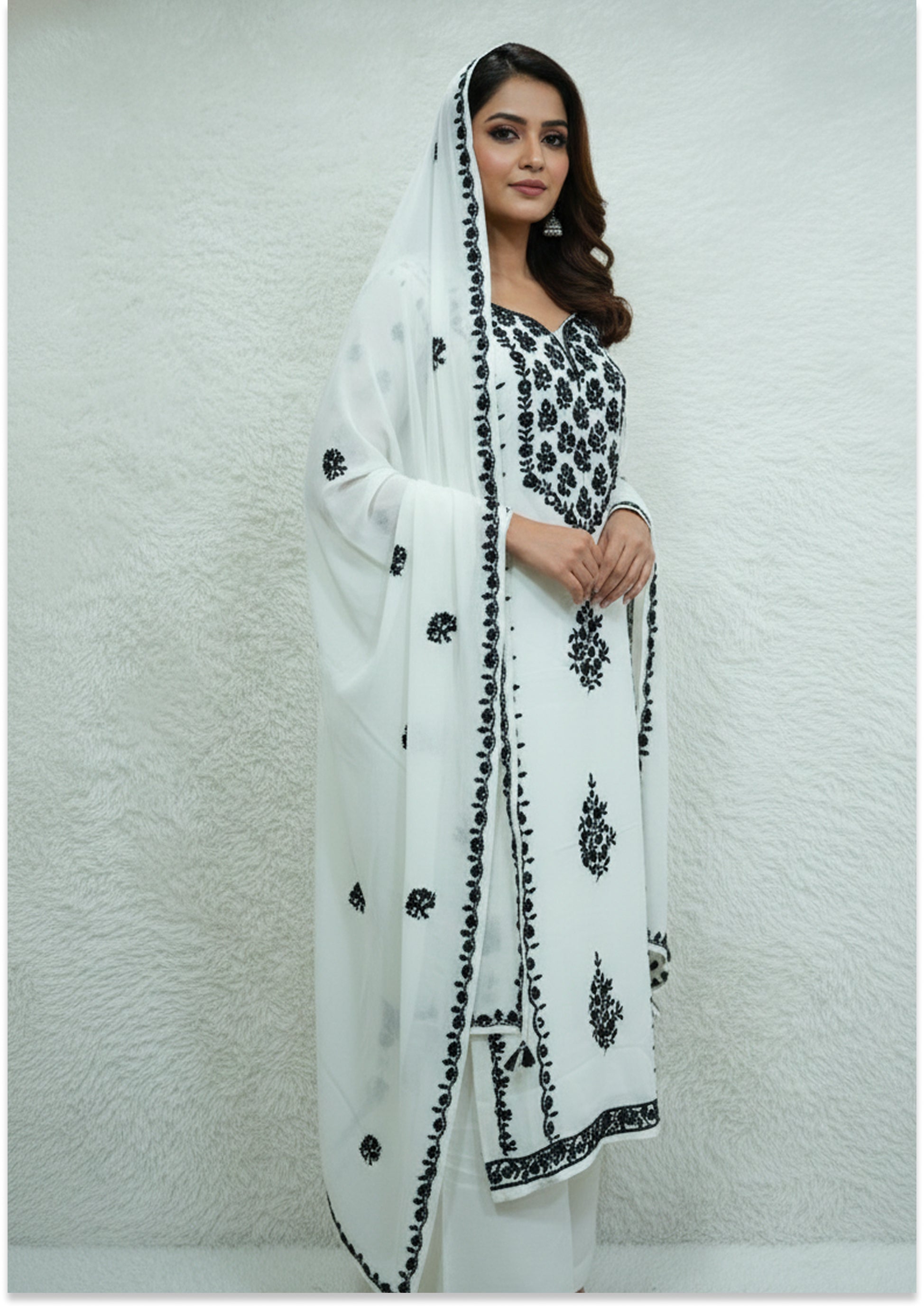 Off White & Black Georgette Handcrafted Unstitched suit Material