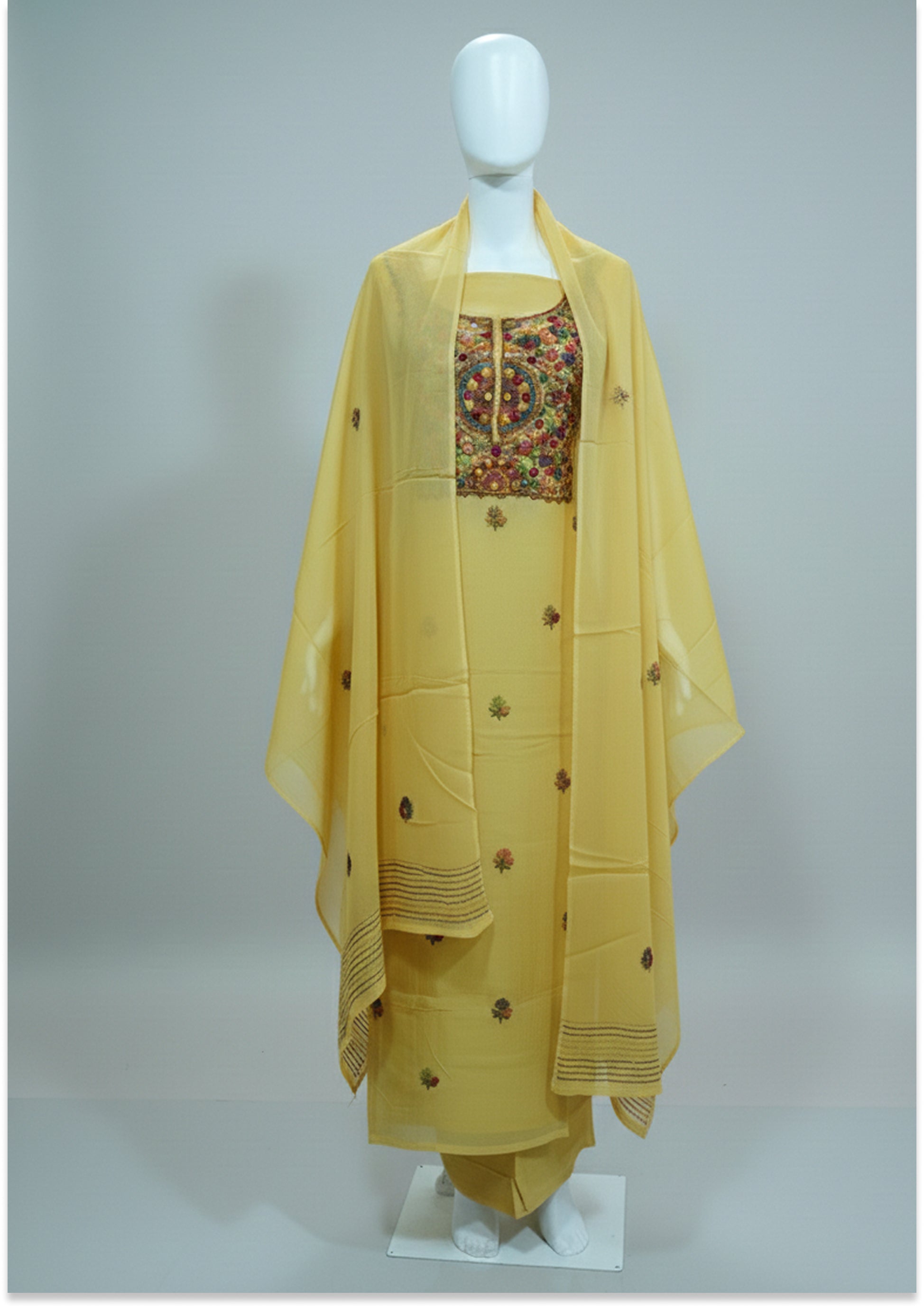 Light Golden Yellow Pure Organza Knot work Unstitched suit Material