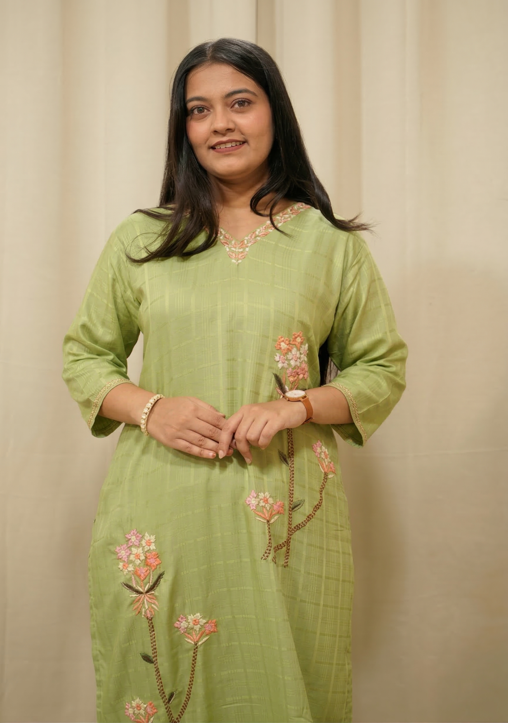 Pista Green Cotton Handcrafted Kurti