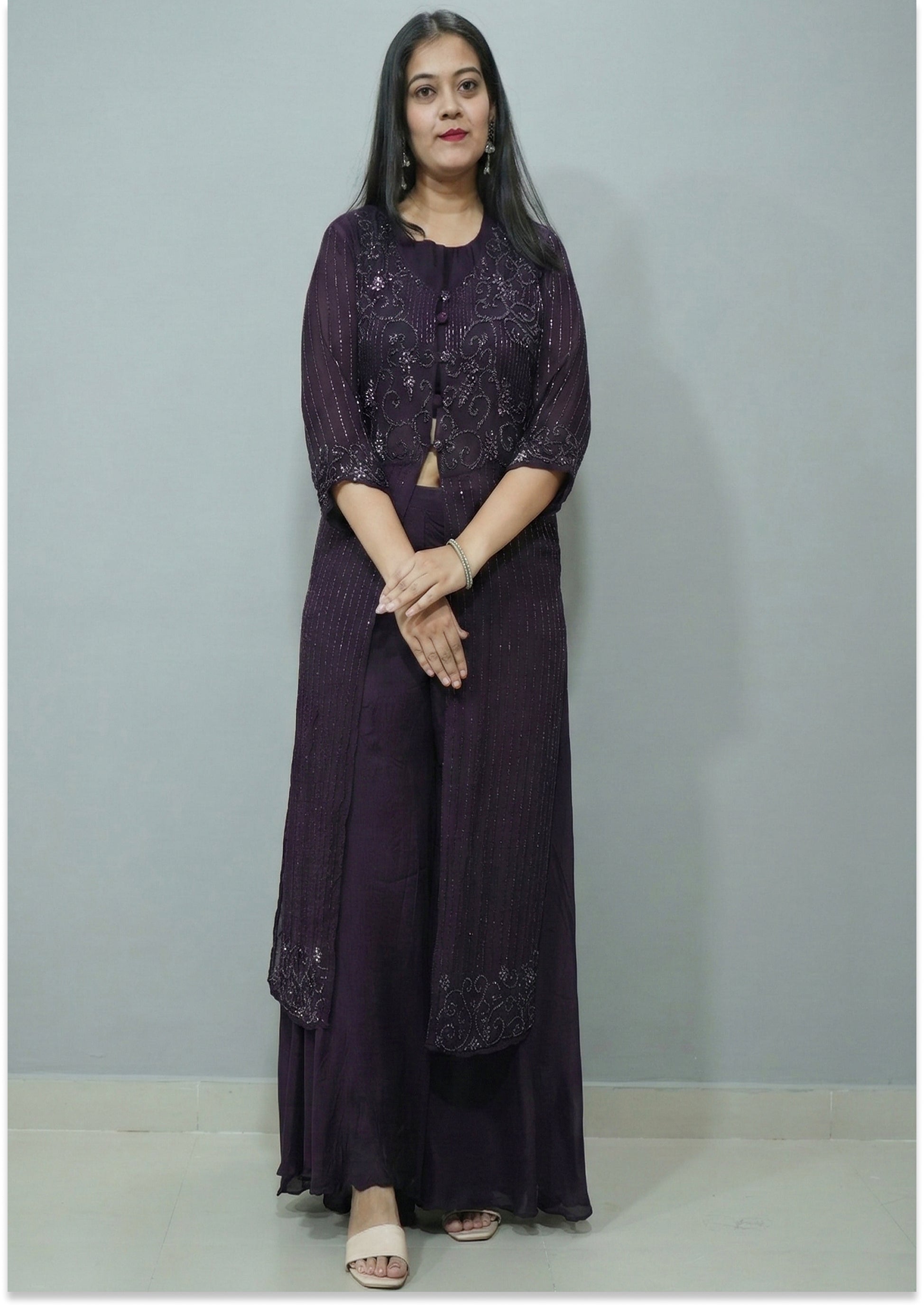 Wine Handcrafted Indo-Western Kurta Set with Long Jacket