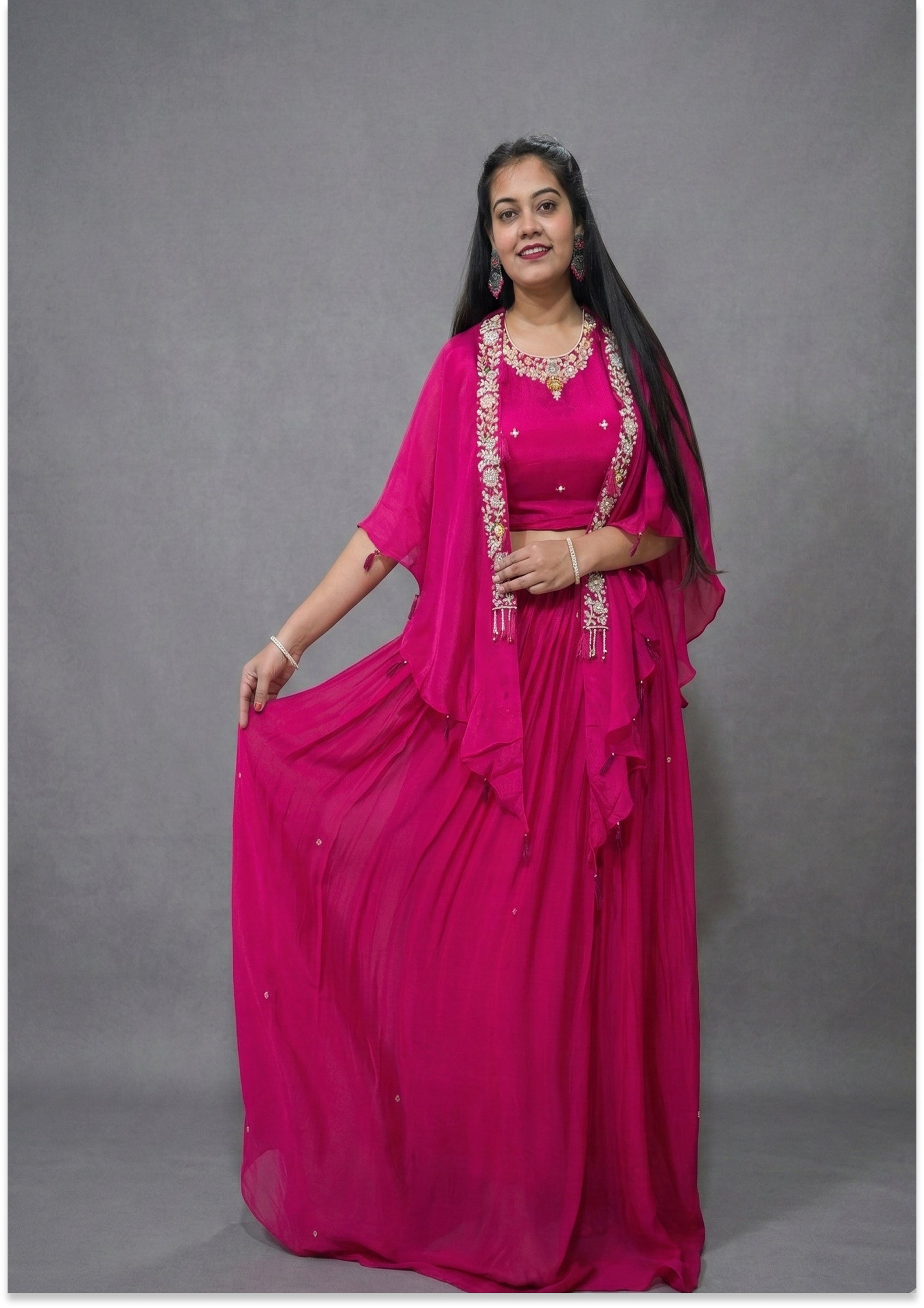 Magenta Handcrafted Lehenga with Cape