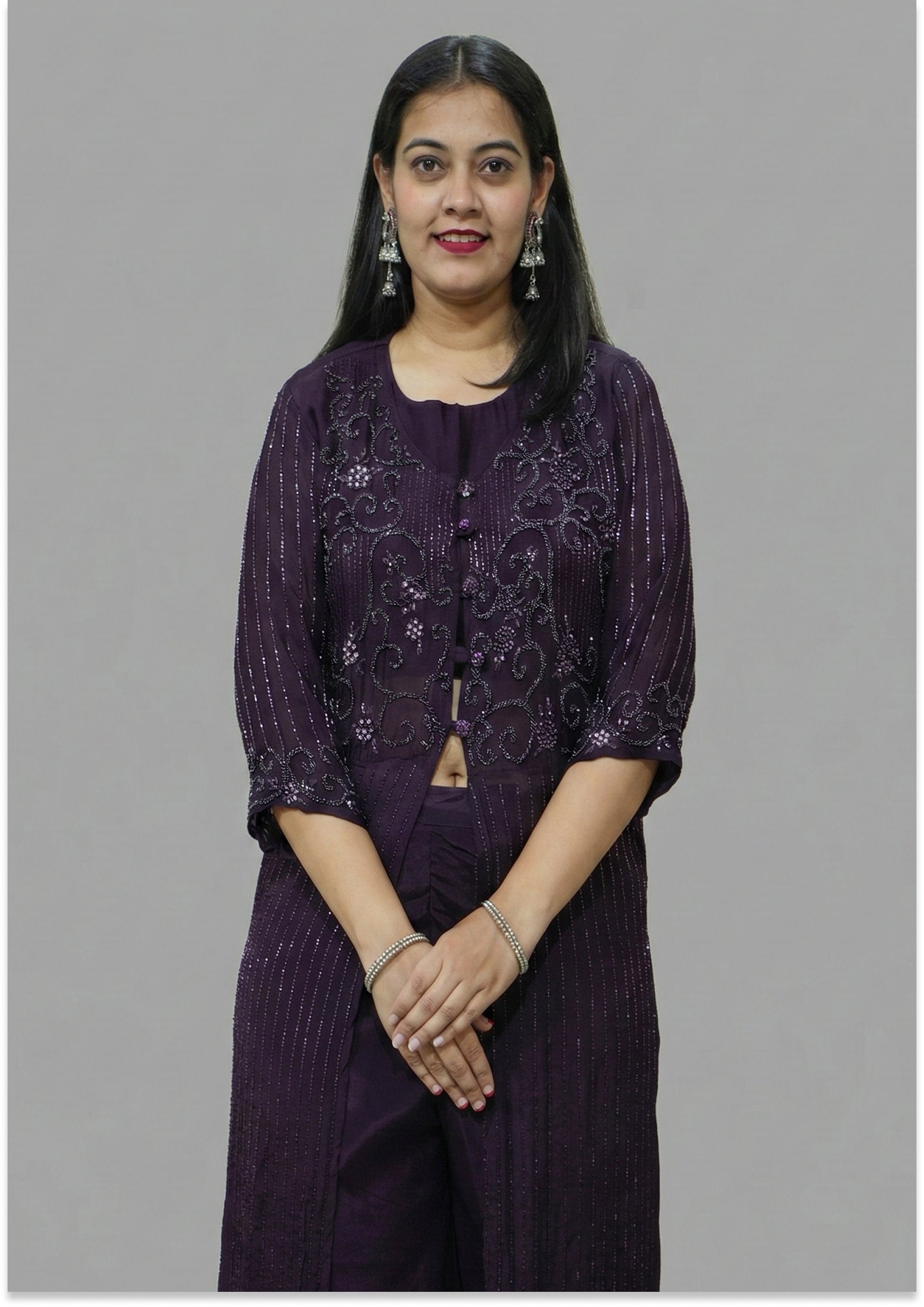 Wine Handcrafted Indo-Western Kurta Set with Long Jacket