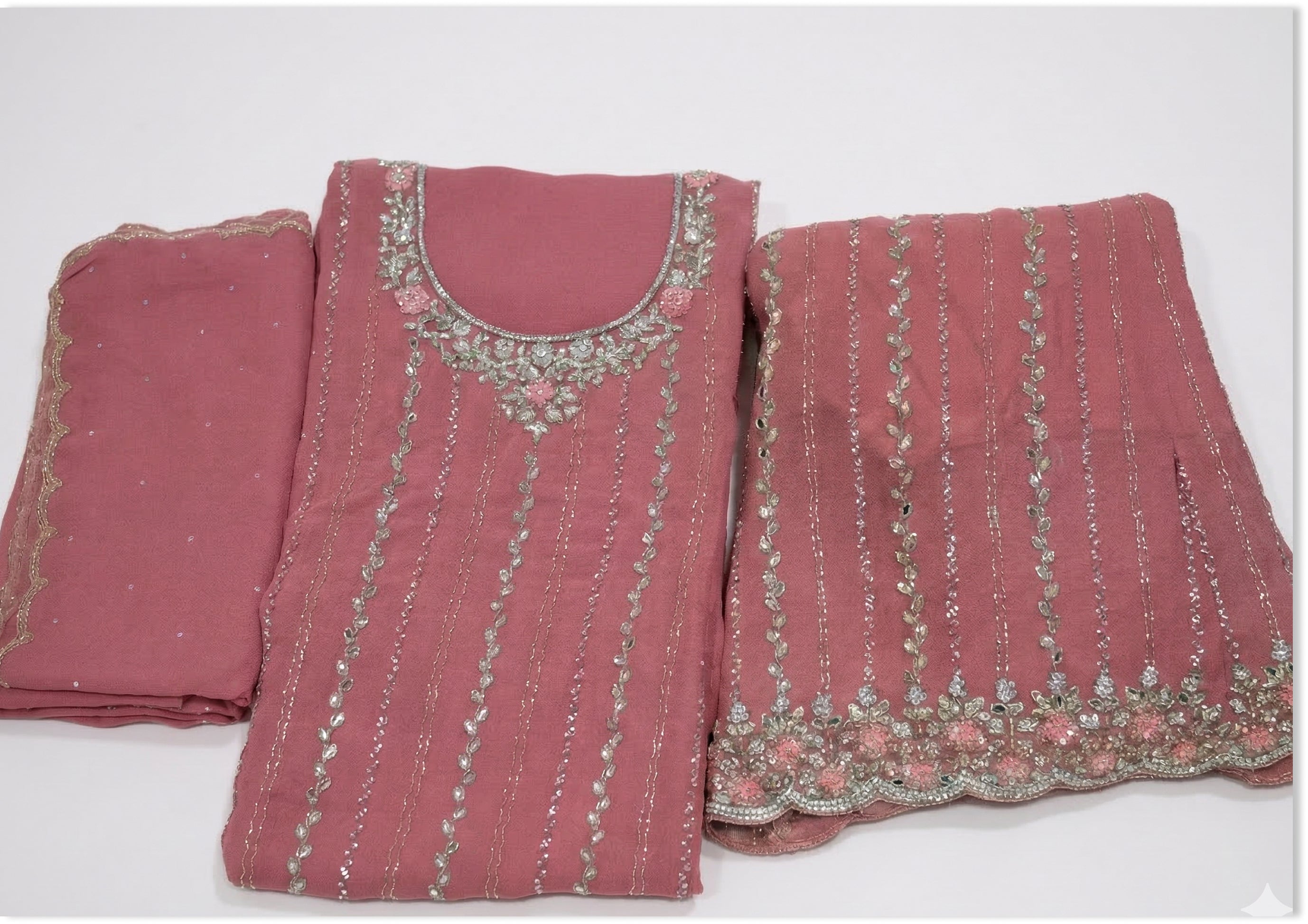Peach Handcrafted Suit Material with Stitched Gharara