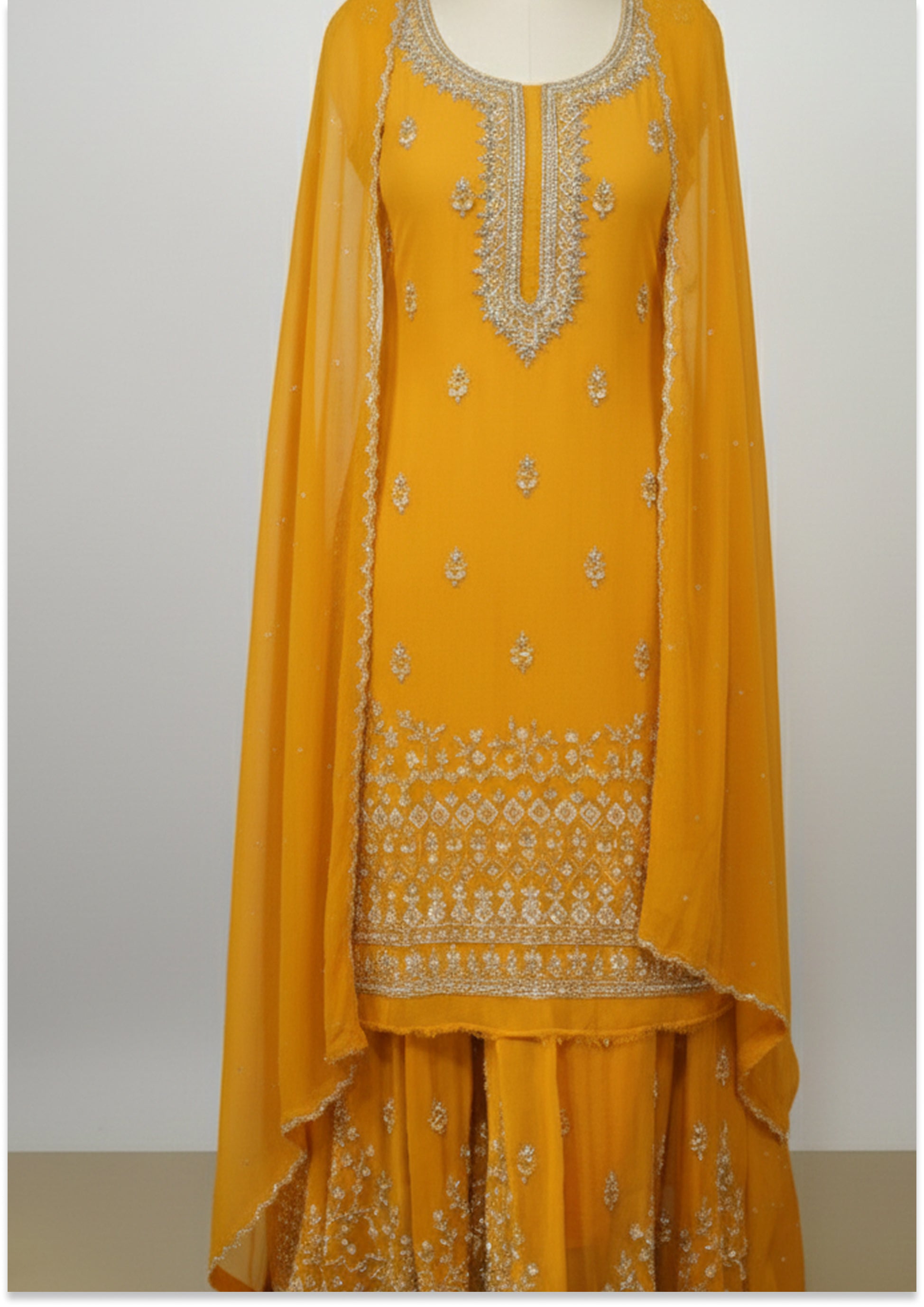 Golden Yellow Handcrafted Suit Material with Stitched Gharara